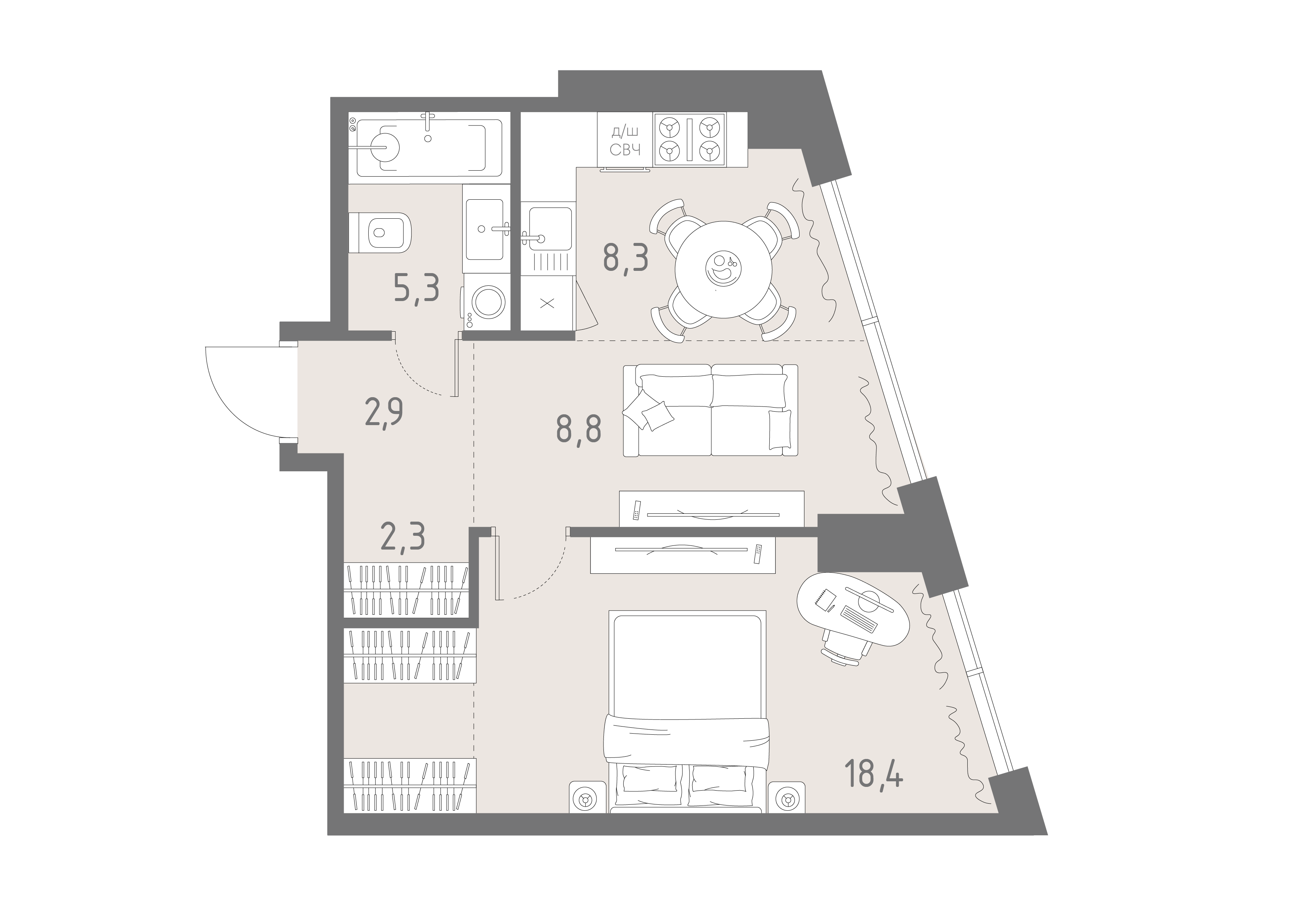 Планировка: 2-комнатная, 46 м²