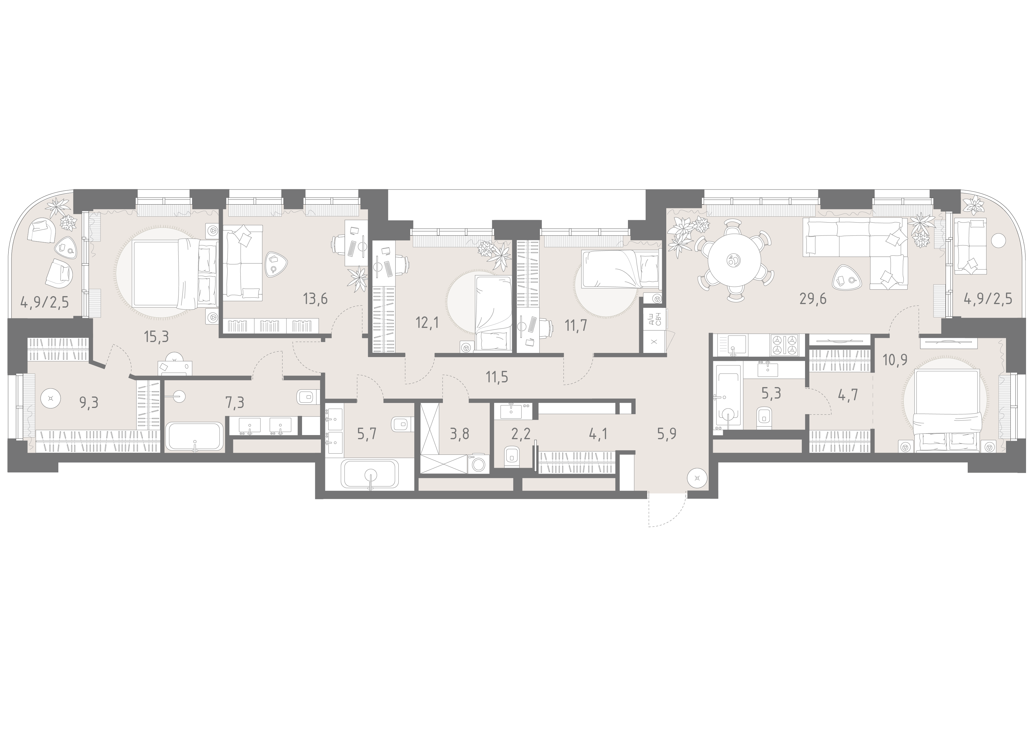 Планировка: 5-комнатная, 158 м²