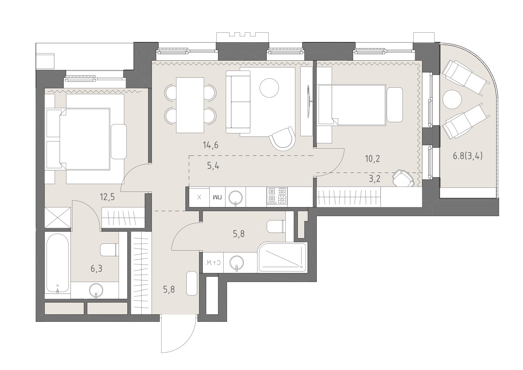 Планировка: 3-комнатная, 67,2 м²