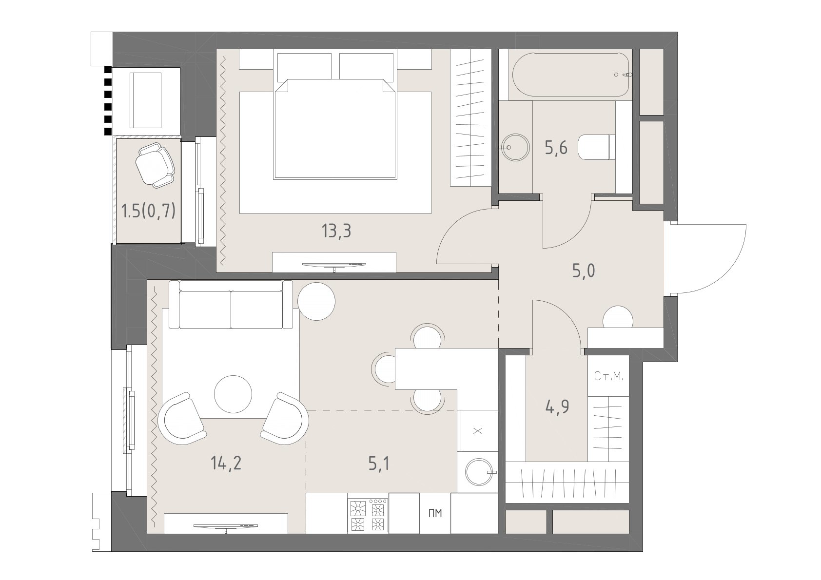 Планировка: 2-комнатная, 48,8 м²