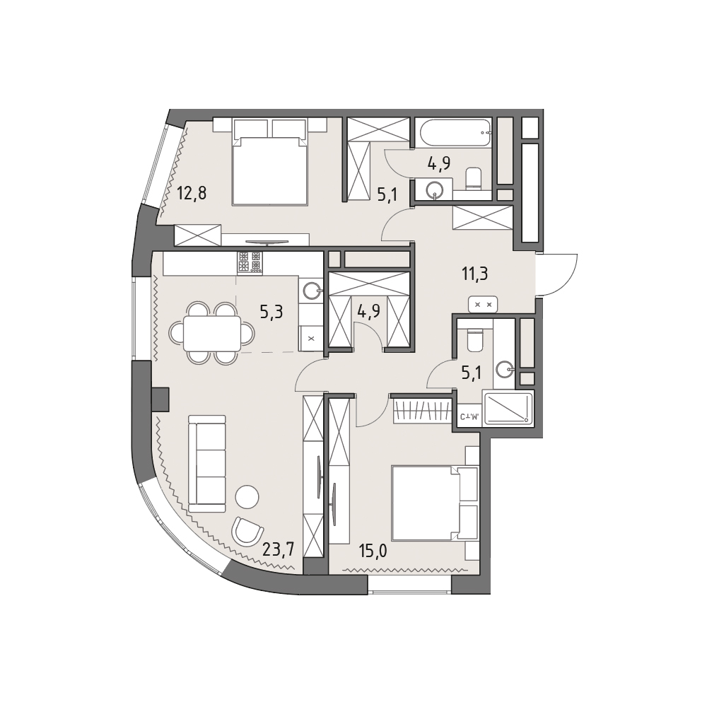 Планировка: 3-комнатная, 87,9 м²