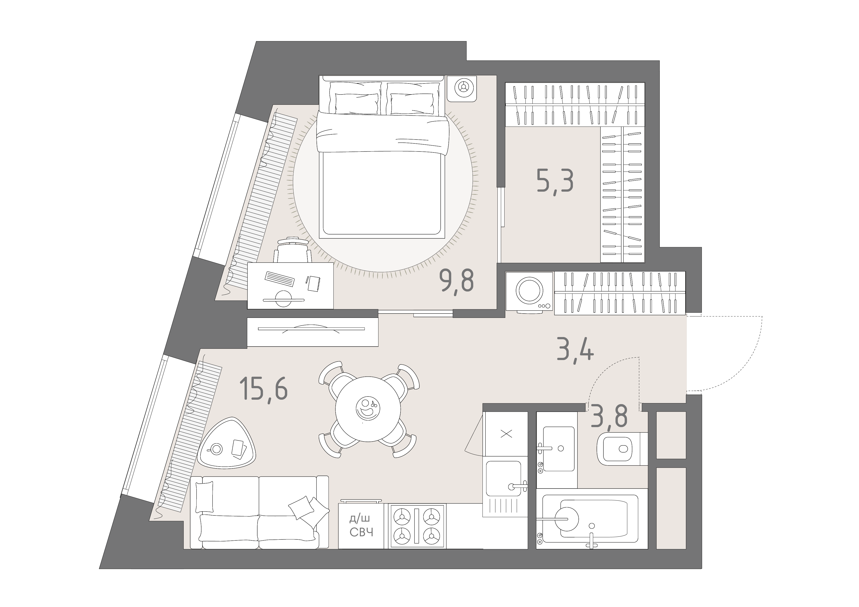 Планировка: студия, 37,9 м²