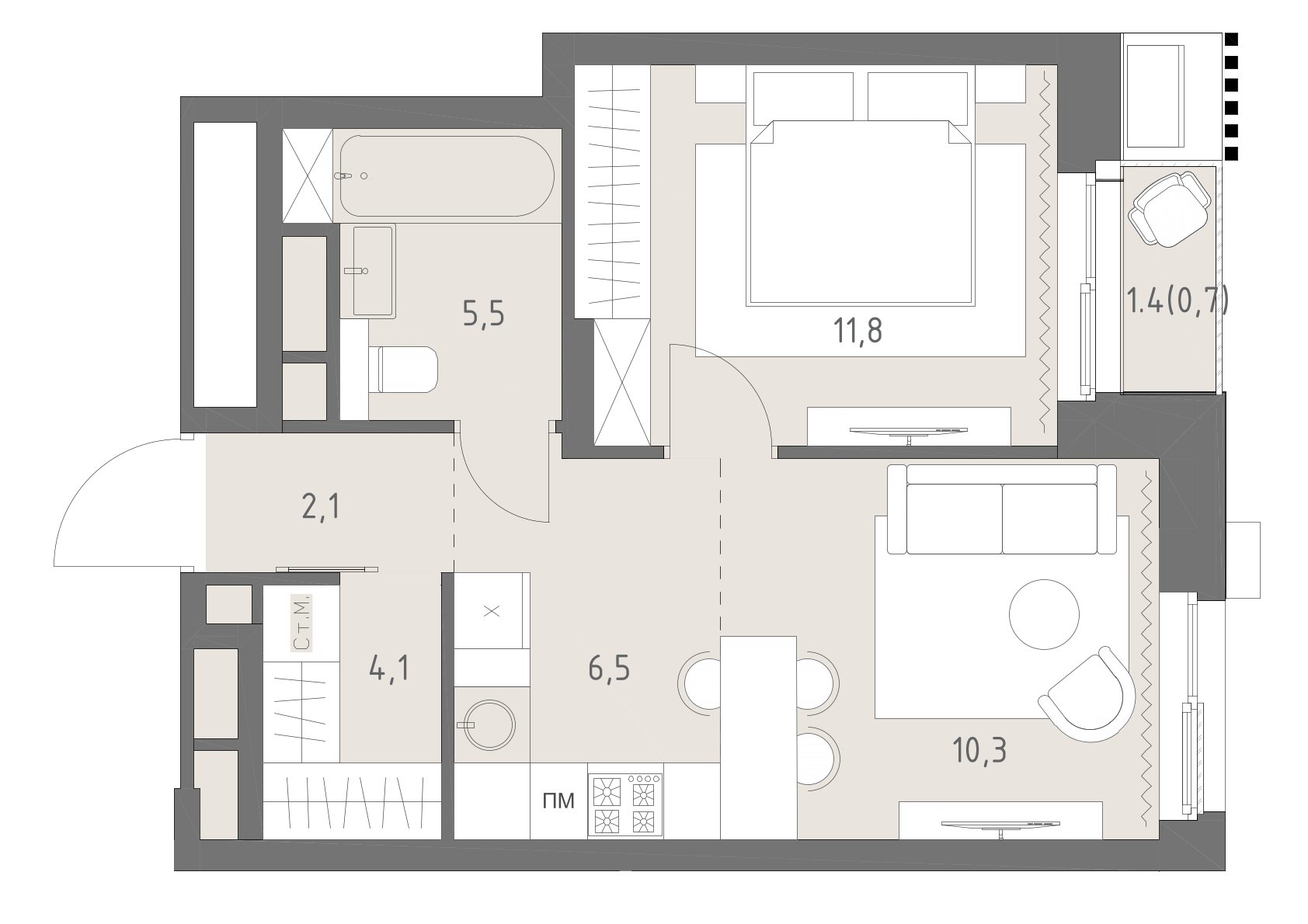 Планировка: 2-комнатная, 41 м²