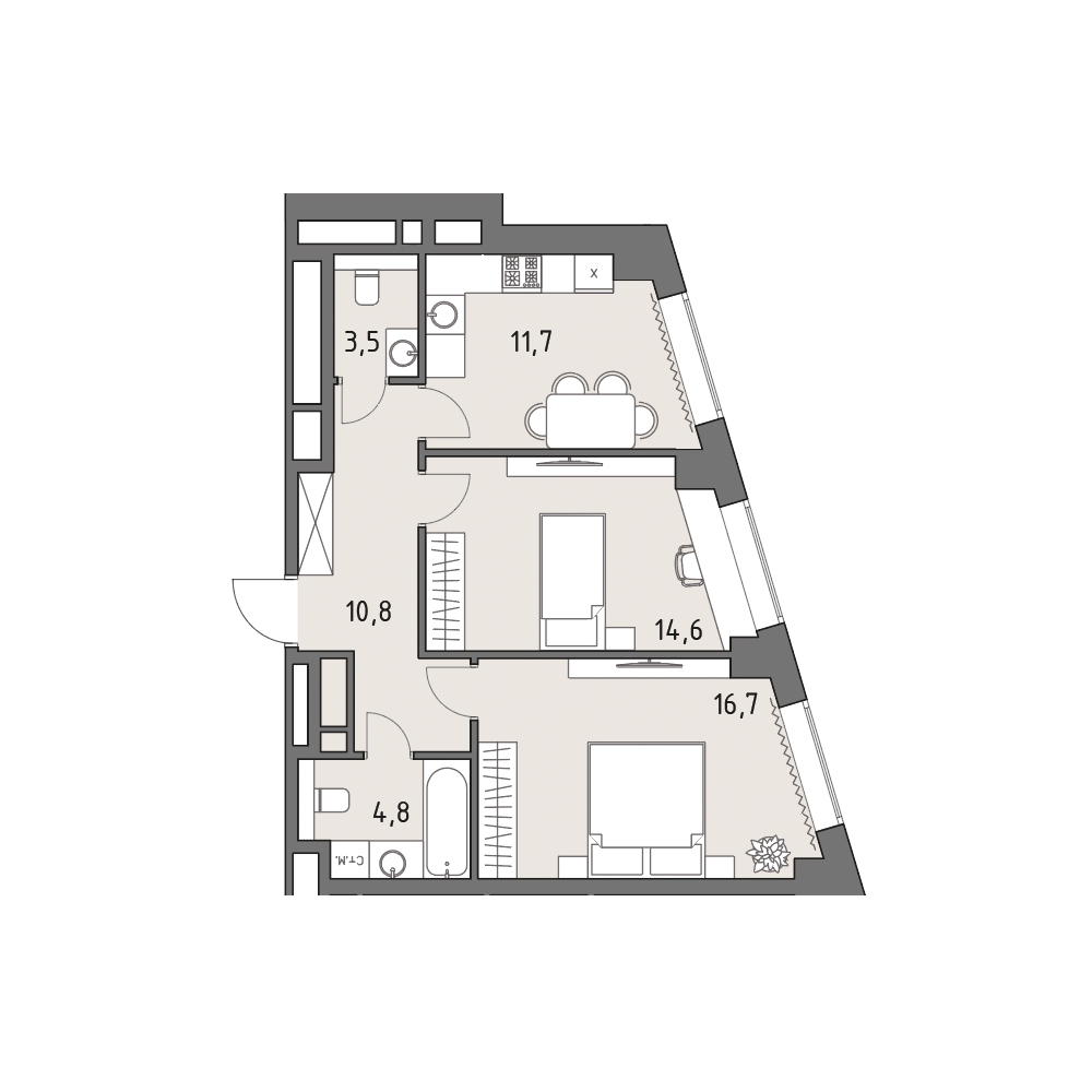 Планировка: 2-комнатная, 62,1 м²