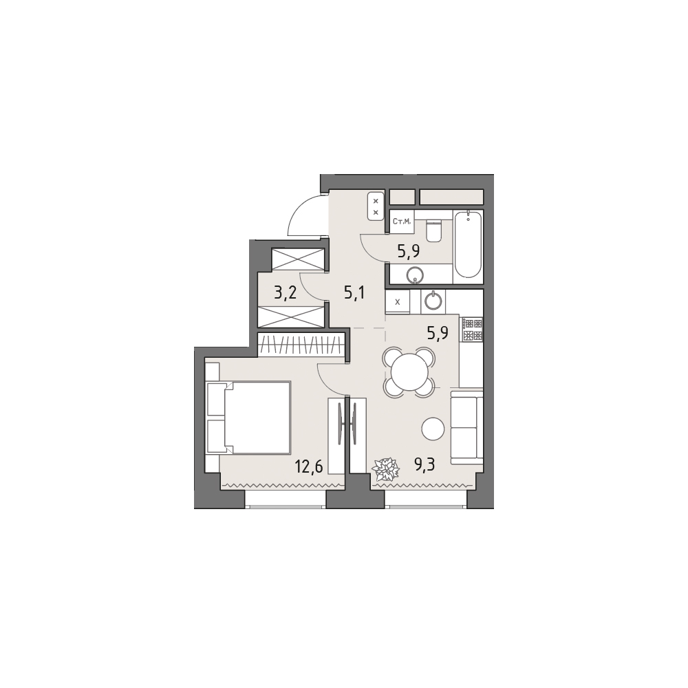 Планировка: 1-комнатная, 42 м²