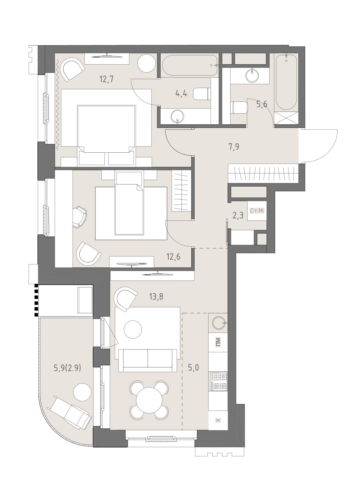 Планировка: 3-комнатная, 67,2 м²