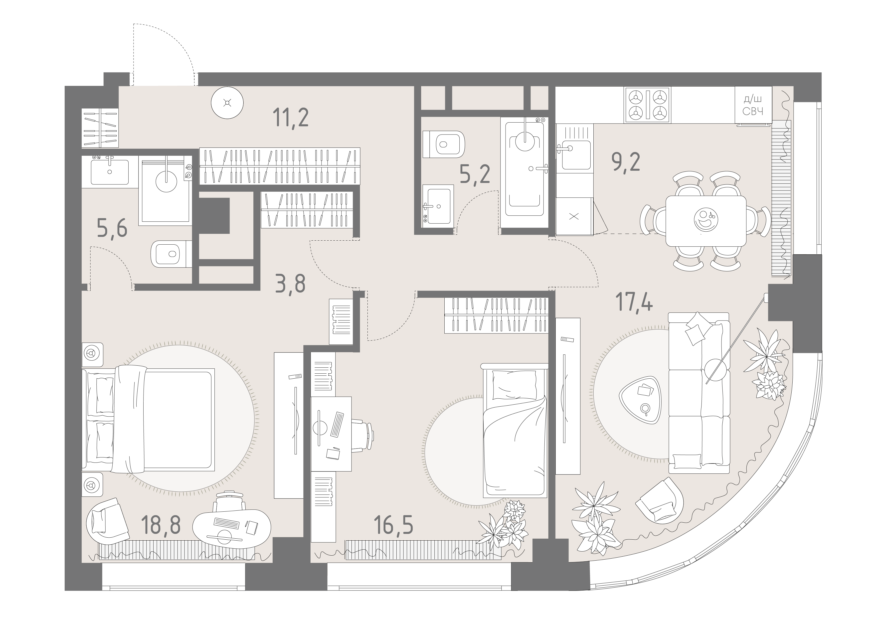 Планировка: 3-комнатная, 83,9 м²