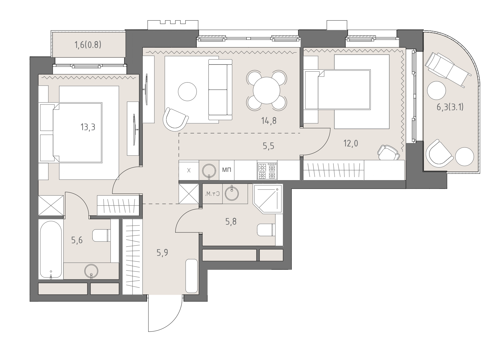 Планировка: 3-комнатная, 66,8 м²