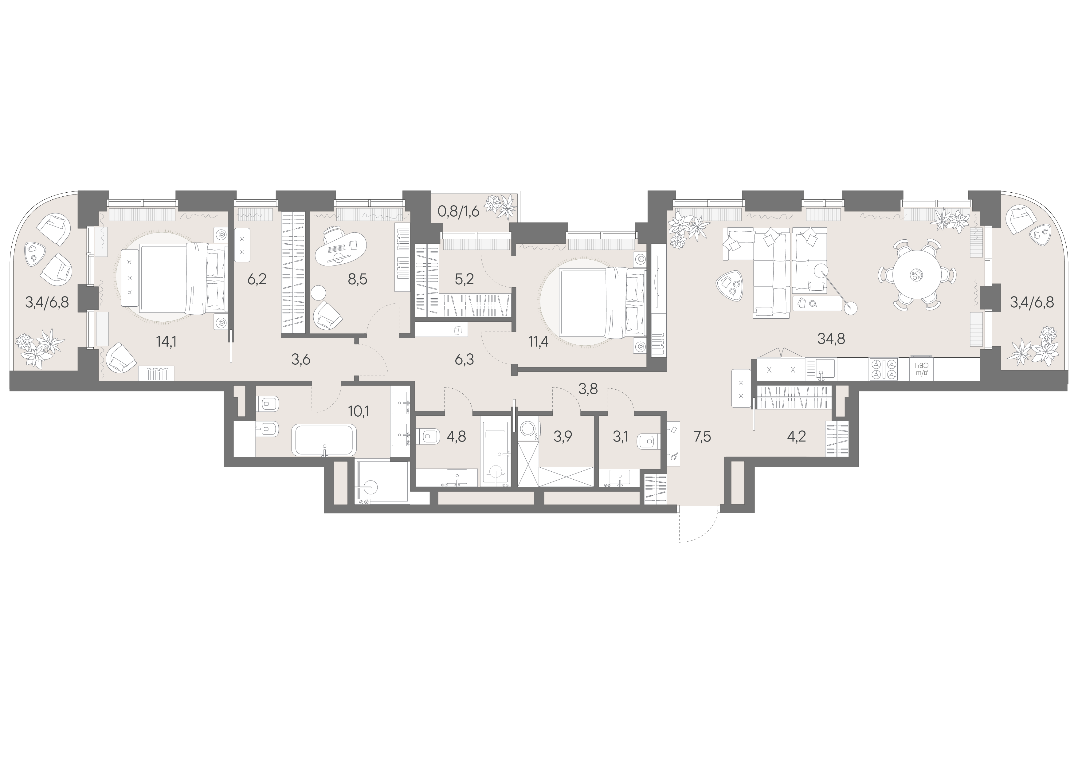 Планировка: 3-комнатная, 135,1 м²