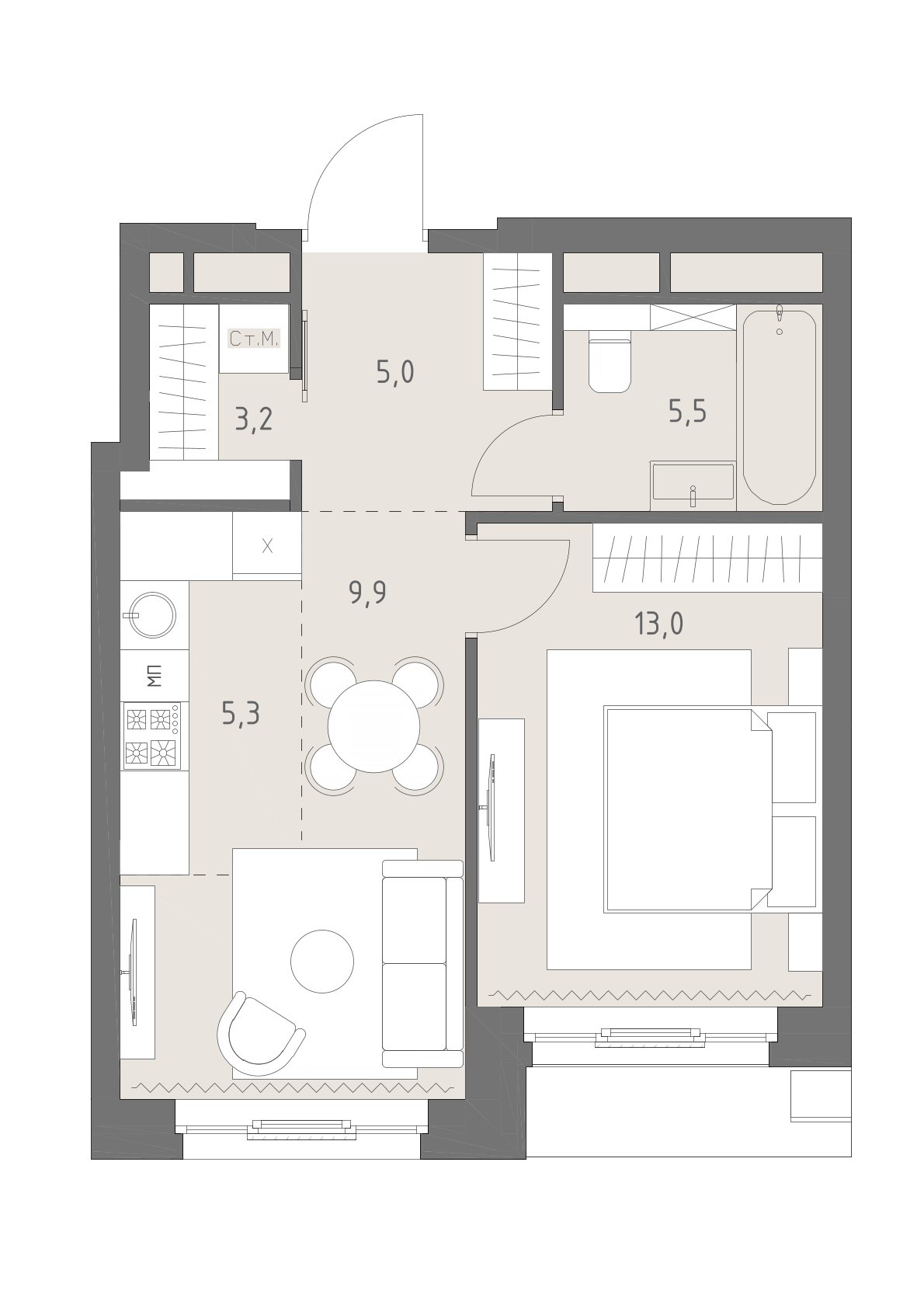 Планировка: 2-комнатная, 41,9 м²