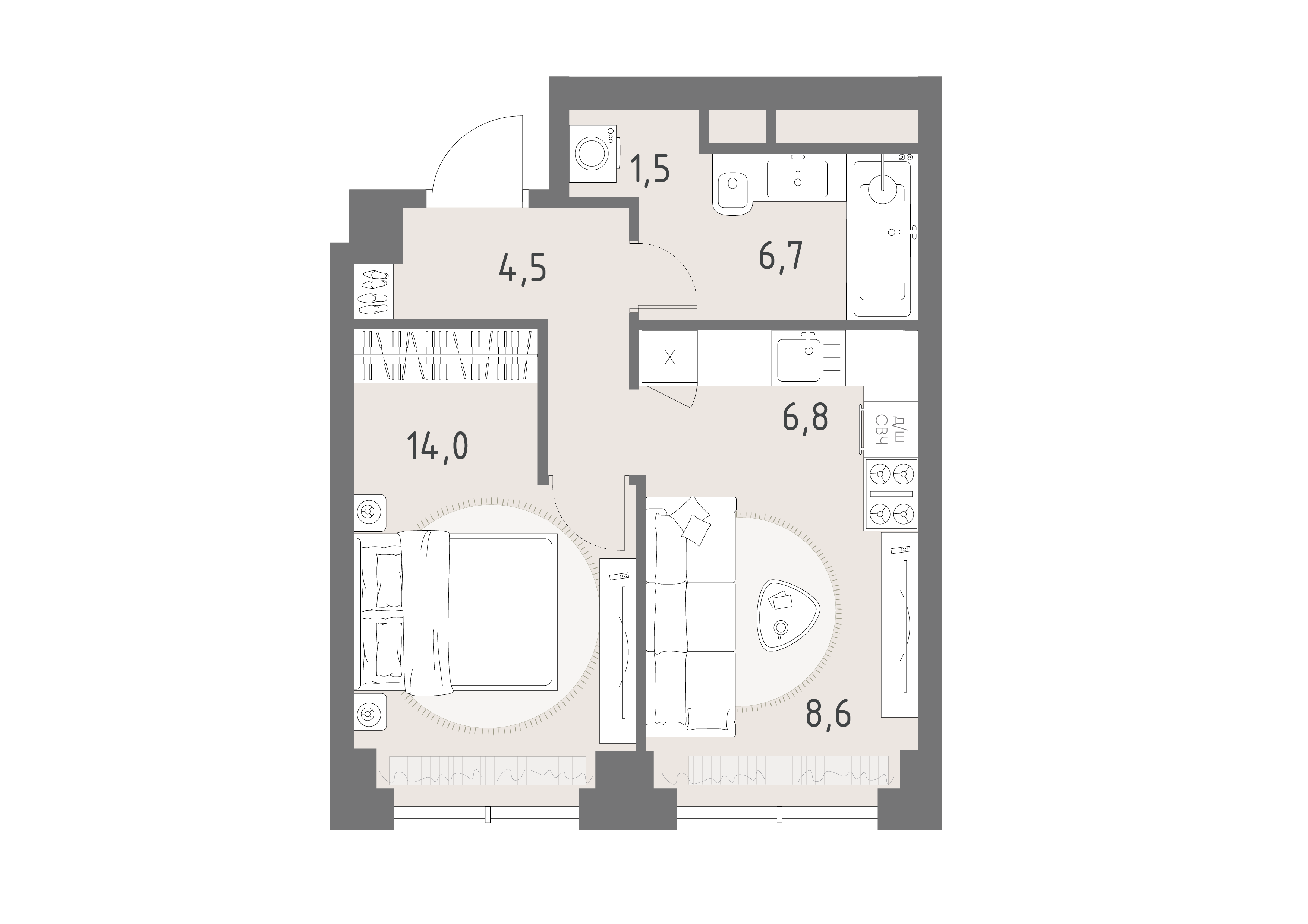 Планировка: 1-комнатная, 42,1 м²