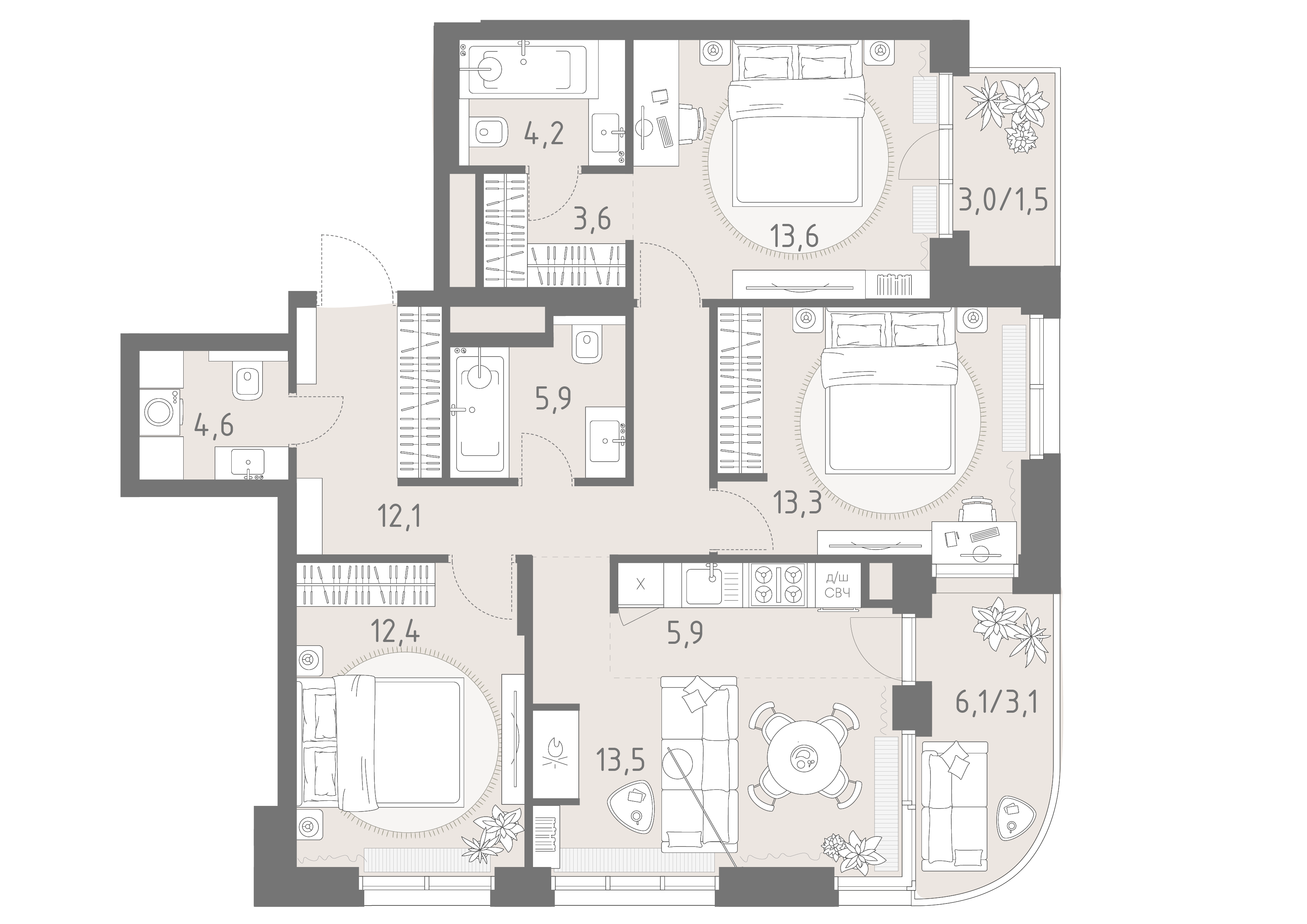 Планировка: 4-комнатная, 93,7 м²