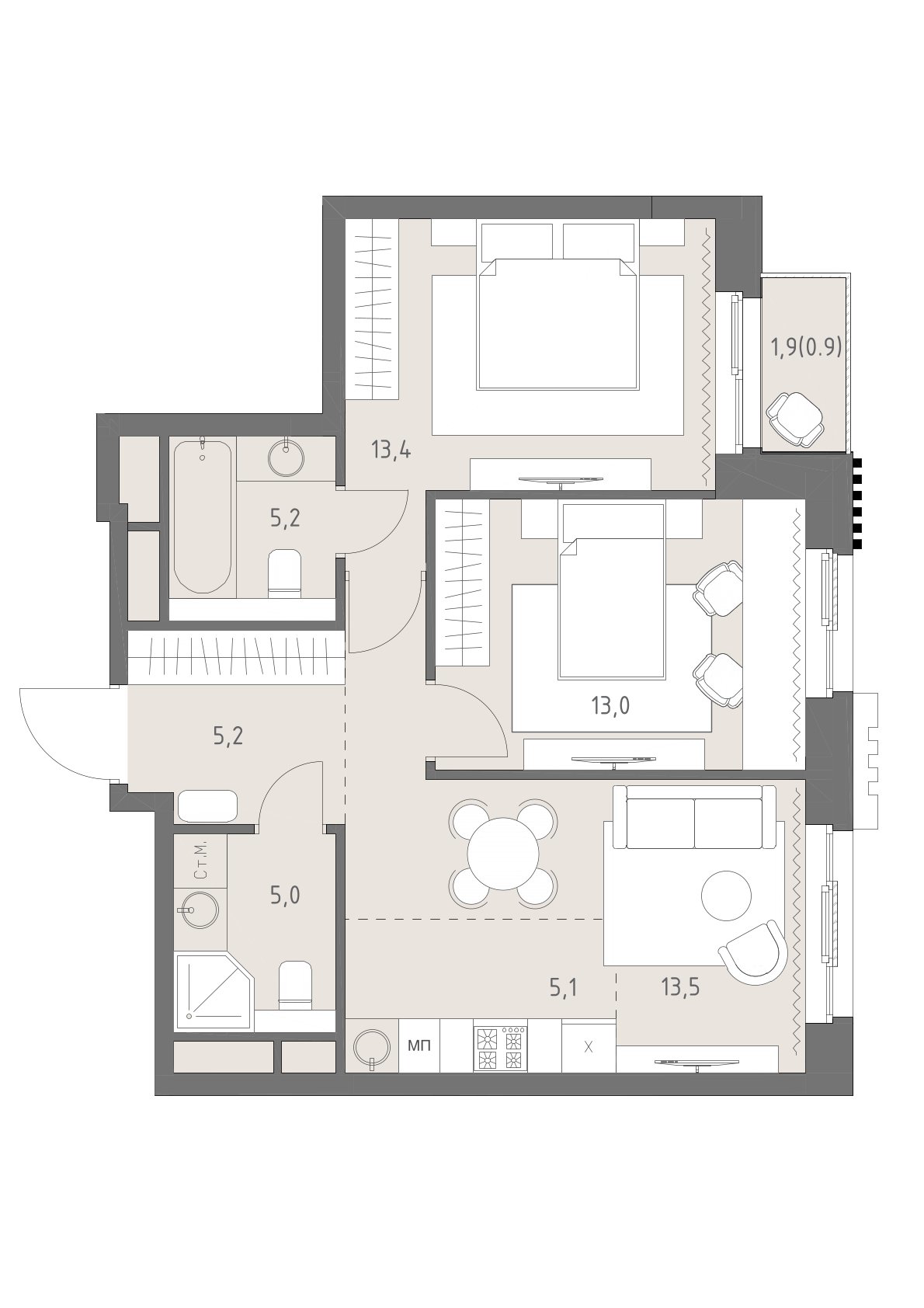 Планировка: 3-комнатная, 61,3 м²