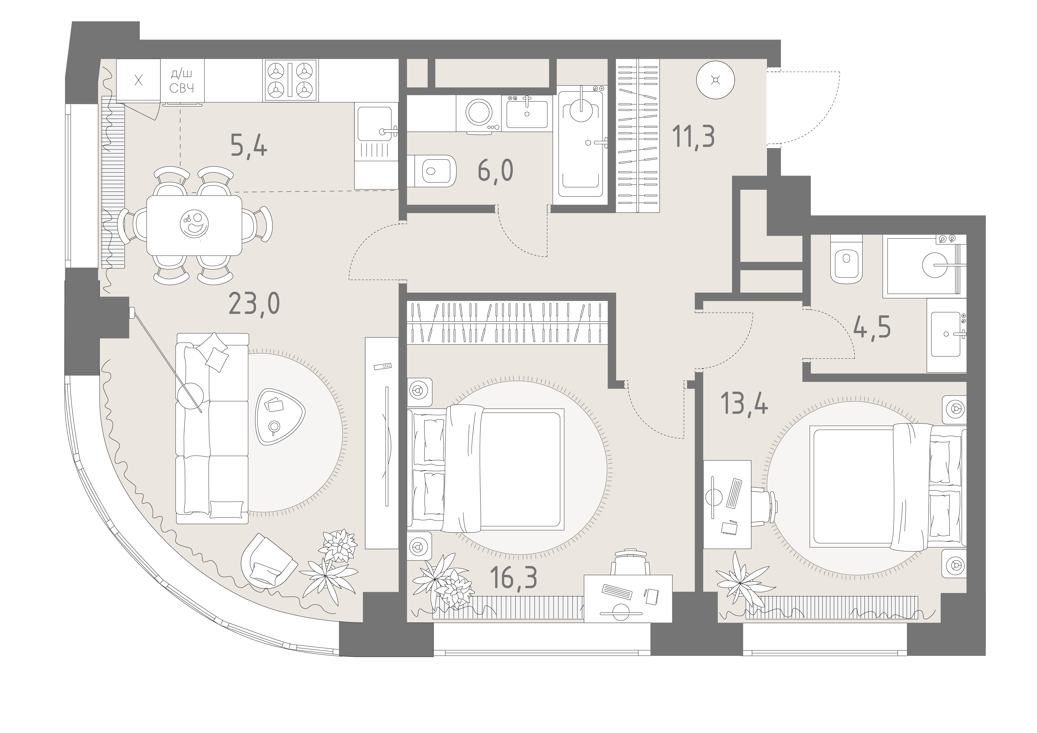 Планировка: 3-комнатная, 79,9 м²