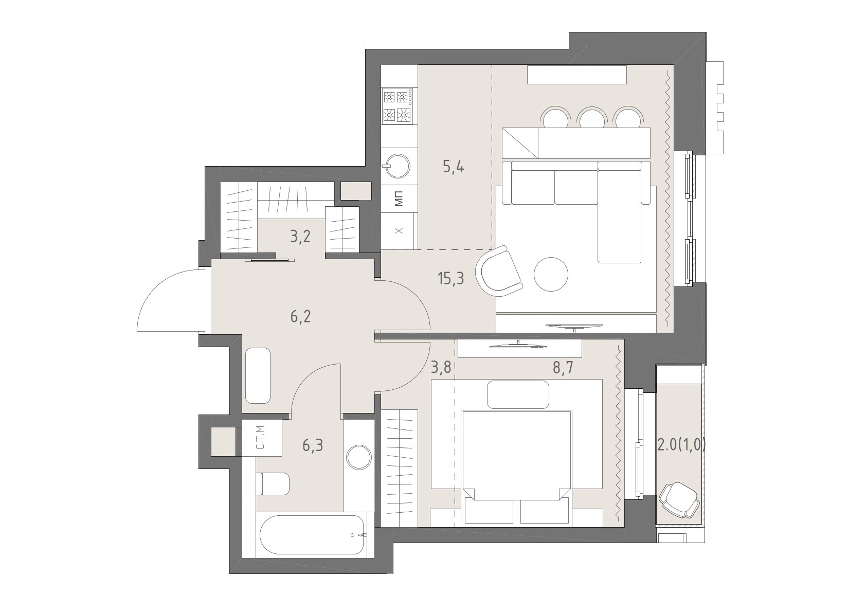 Планировка: 2-комнатная, 49,9 м²