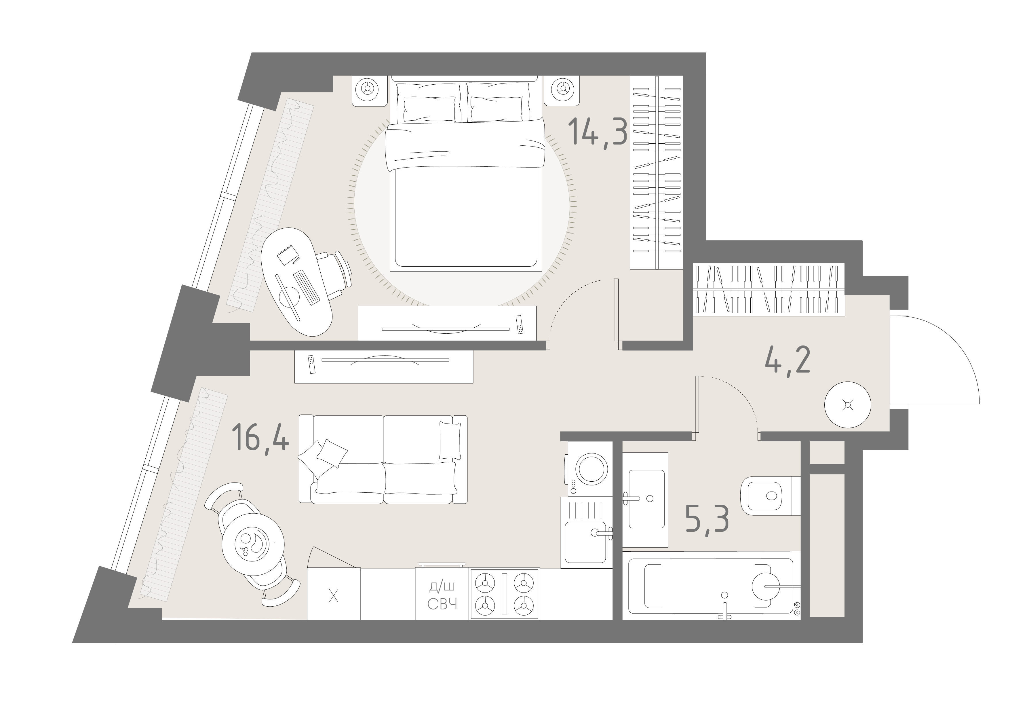 Планировка: 1-комнатная, 40,2 м²
