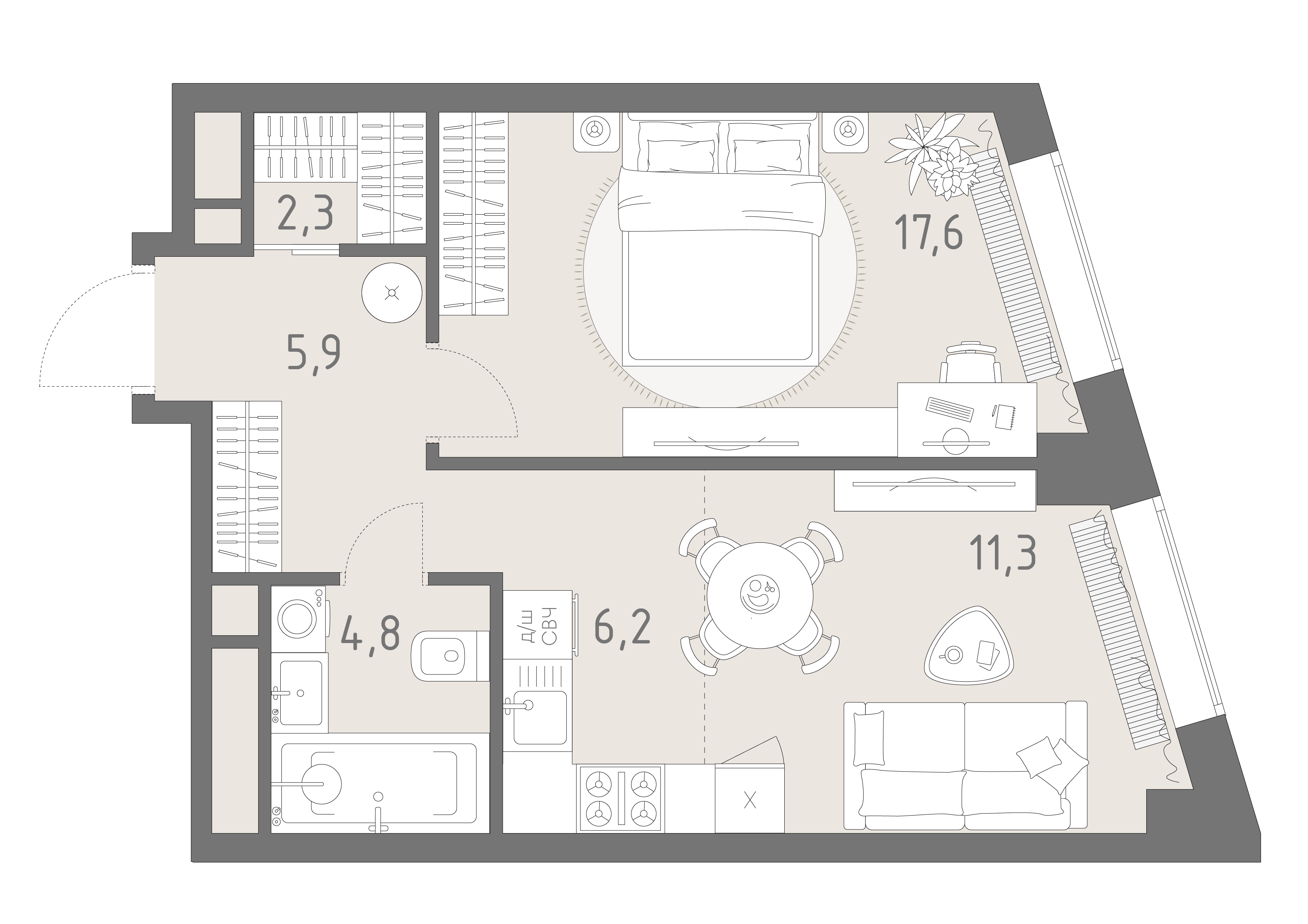 Планировка: 2-комнатная, 48,1 м²