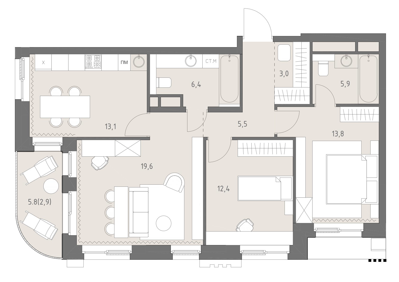 Планировка: 3-комнатная, 83,4 м²