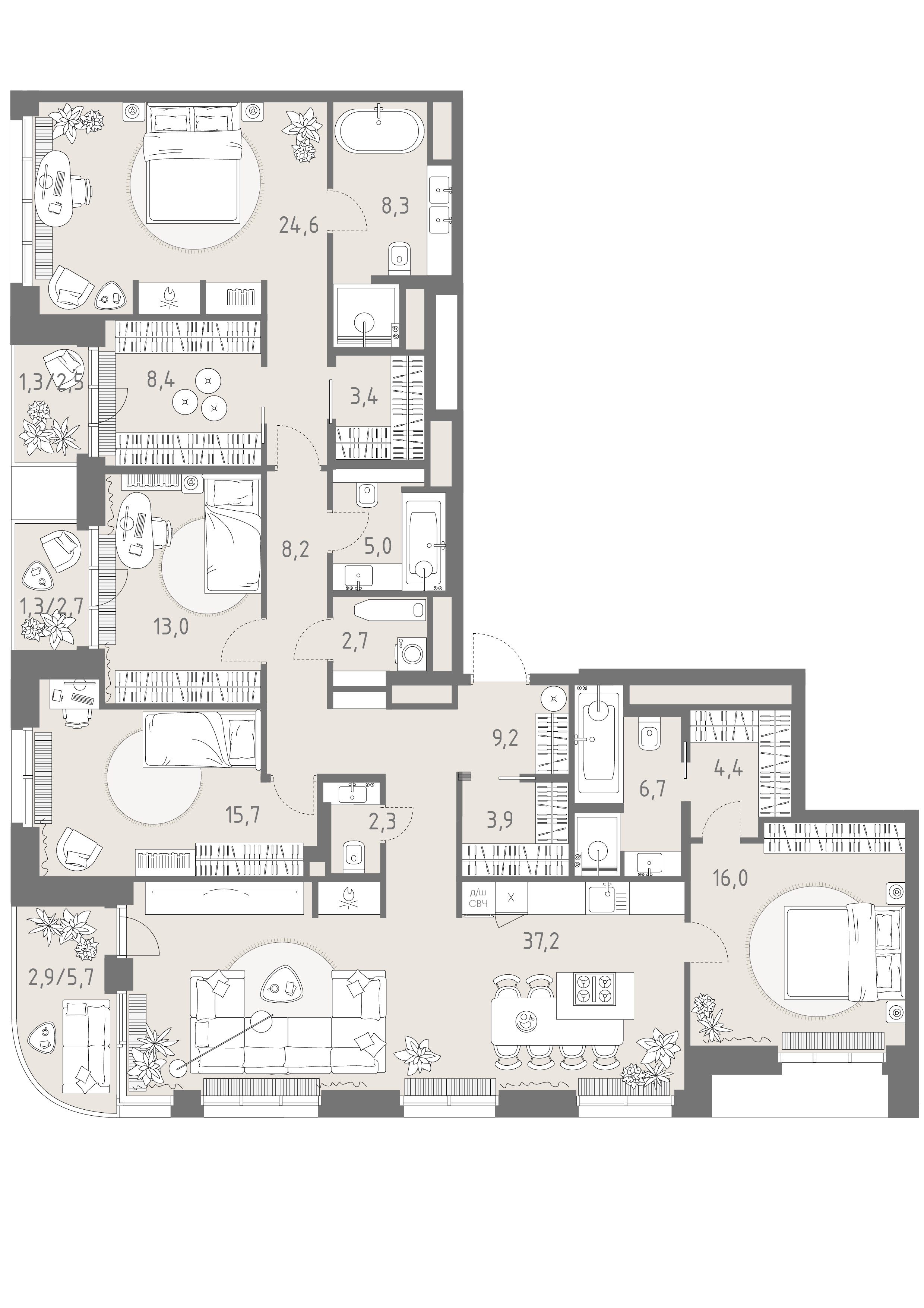 Планировка: 5-комнатная, 174,5 м²