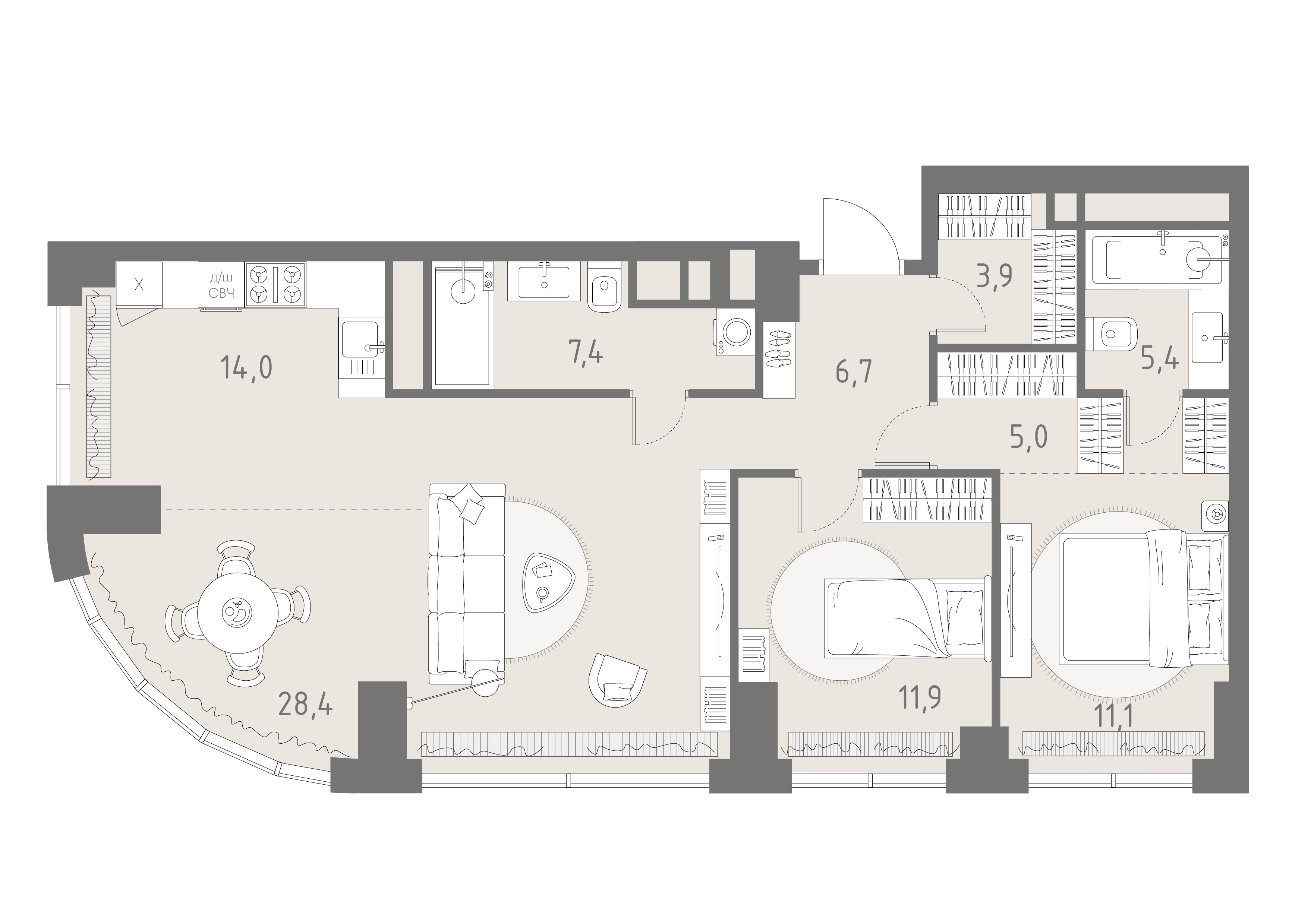 Планировка: 3-комнатная, 93,8 м²