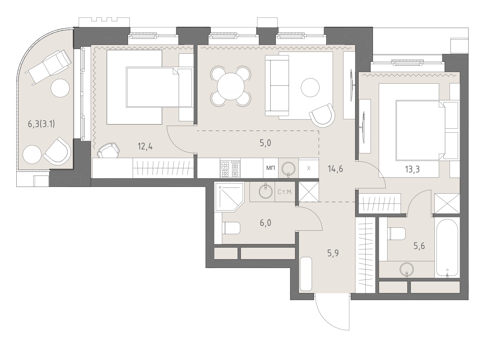 Планировка: 3-комнатная, 65,9 м²