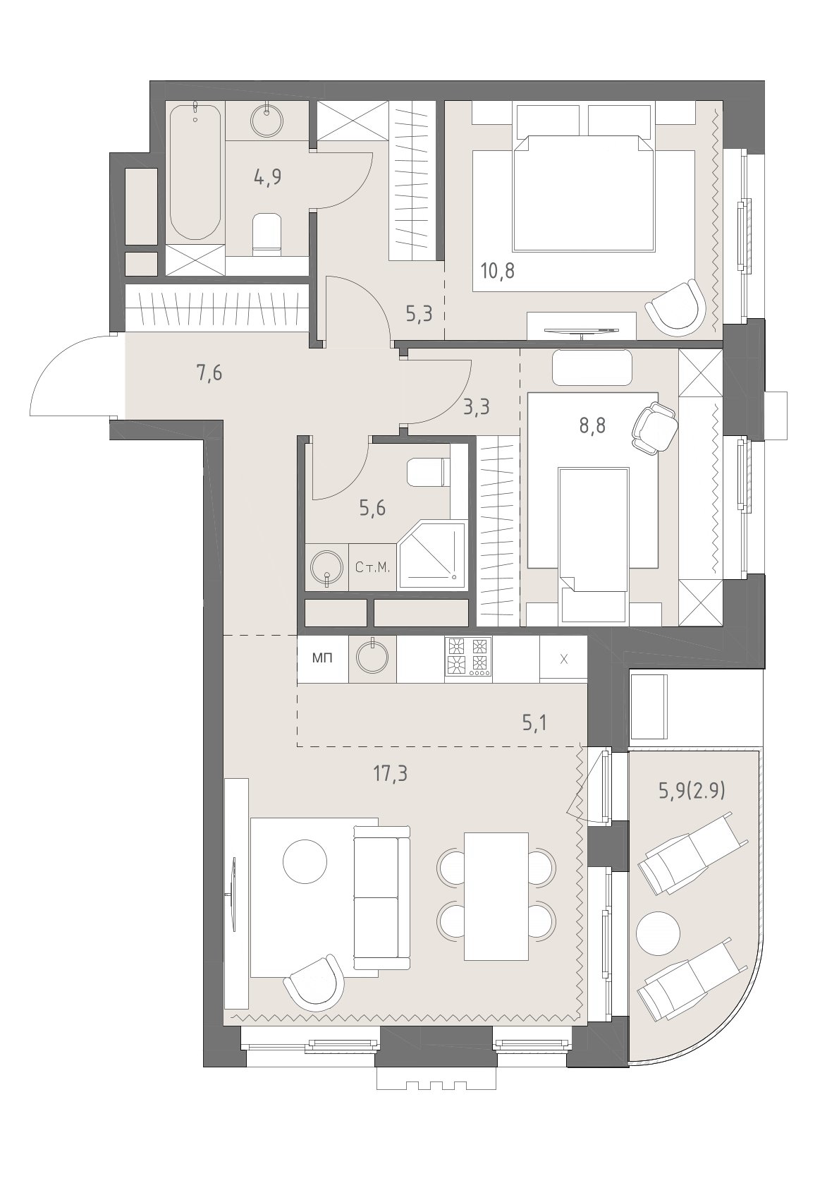 Планировка: 3-комнатная, 71,6 м²