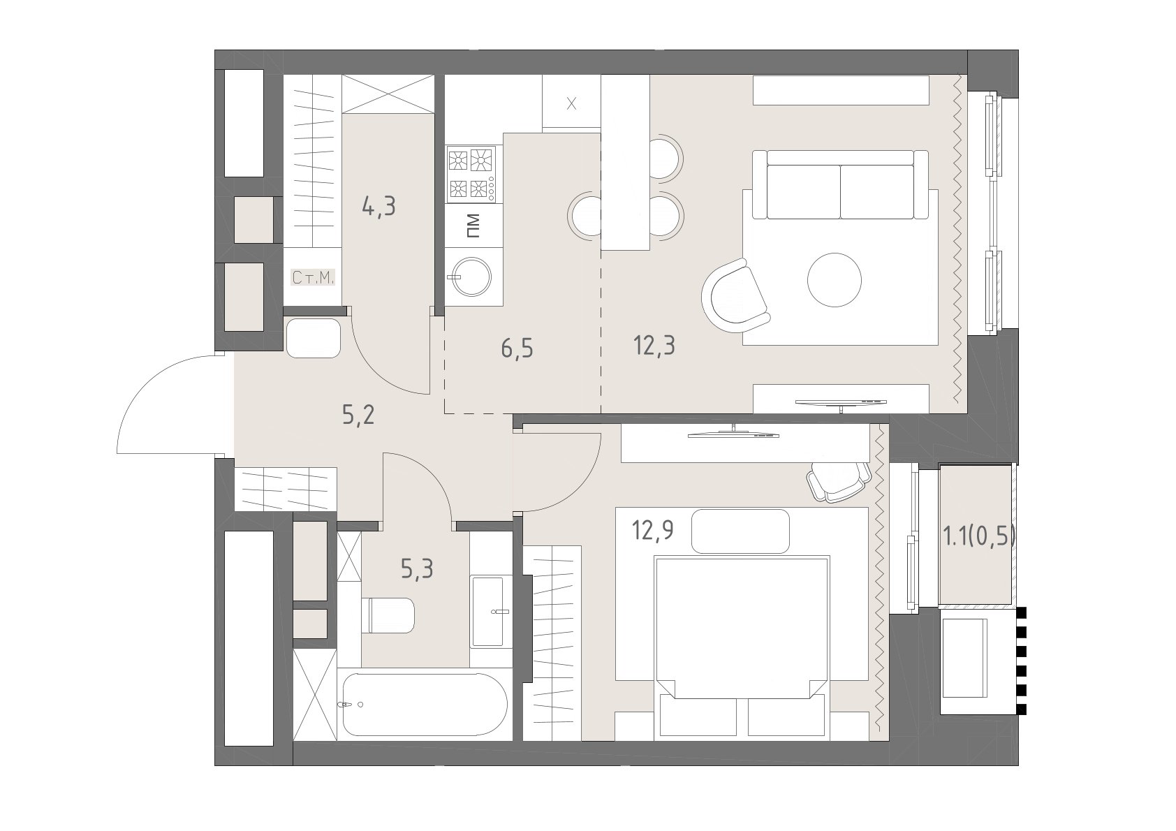 Планировка: 2-комнатная, 47 м²