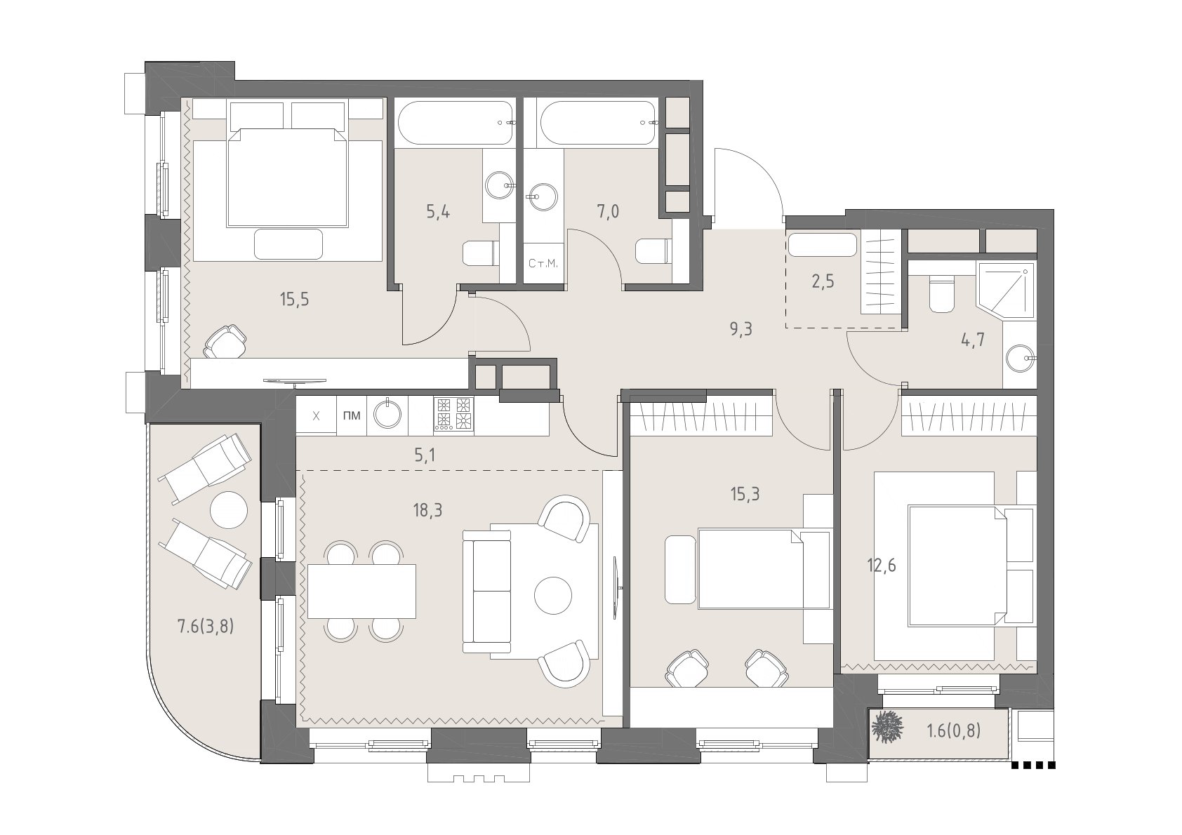 Планировка: 4-комнатная, 100,3 м²