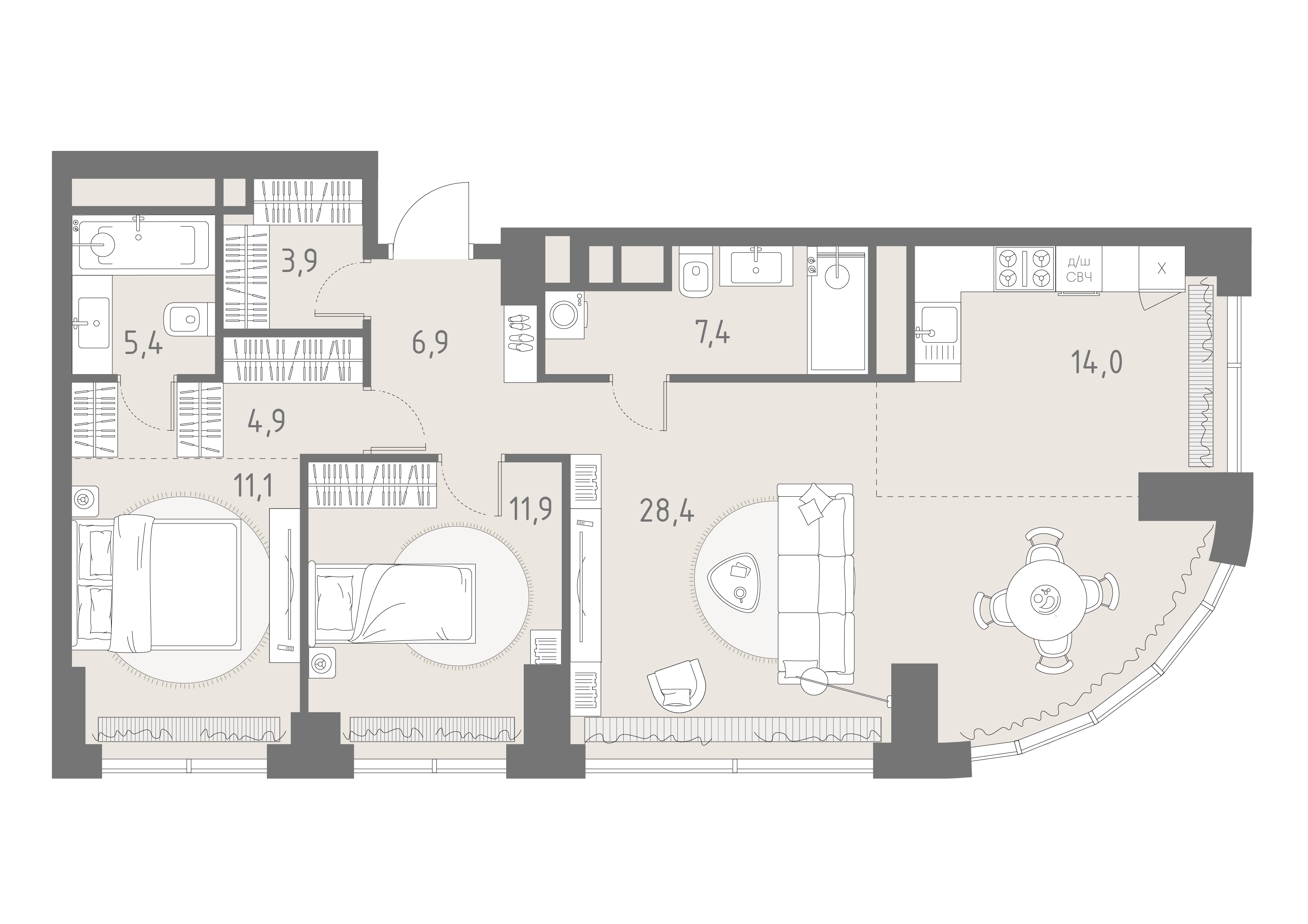 Планировка: 3-комнатная, 93,9 м²