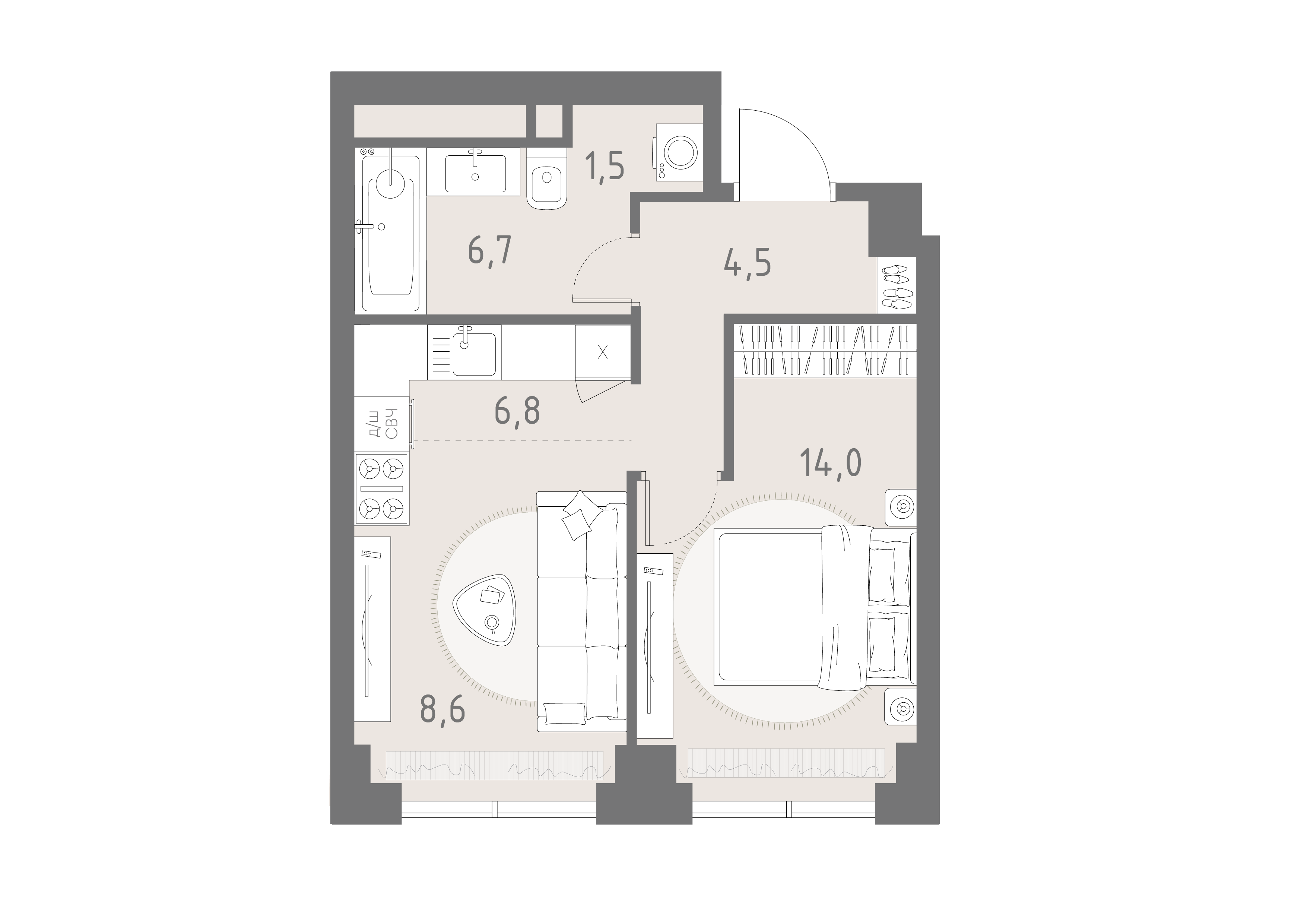 Планировка: 1-комнатная, 42,1 м²