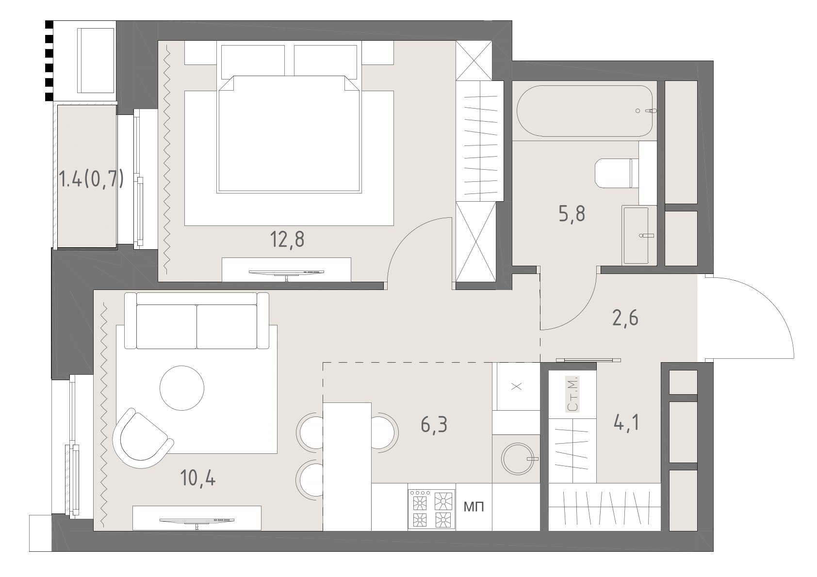 Планировка: 2-комнатная, 42,7 м²