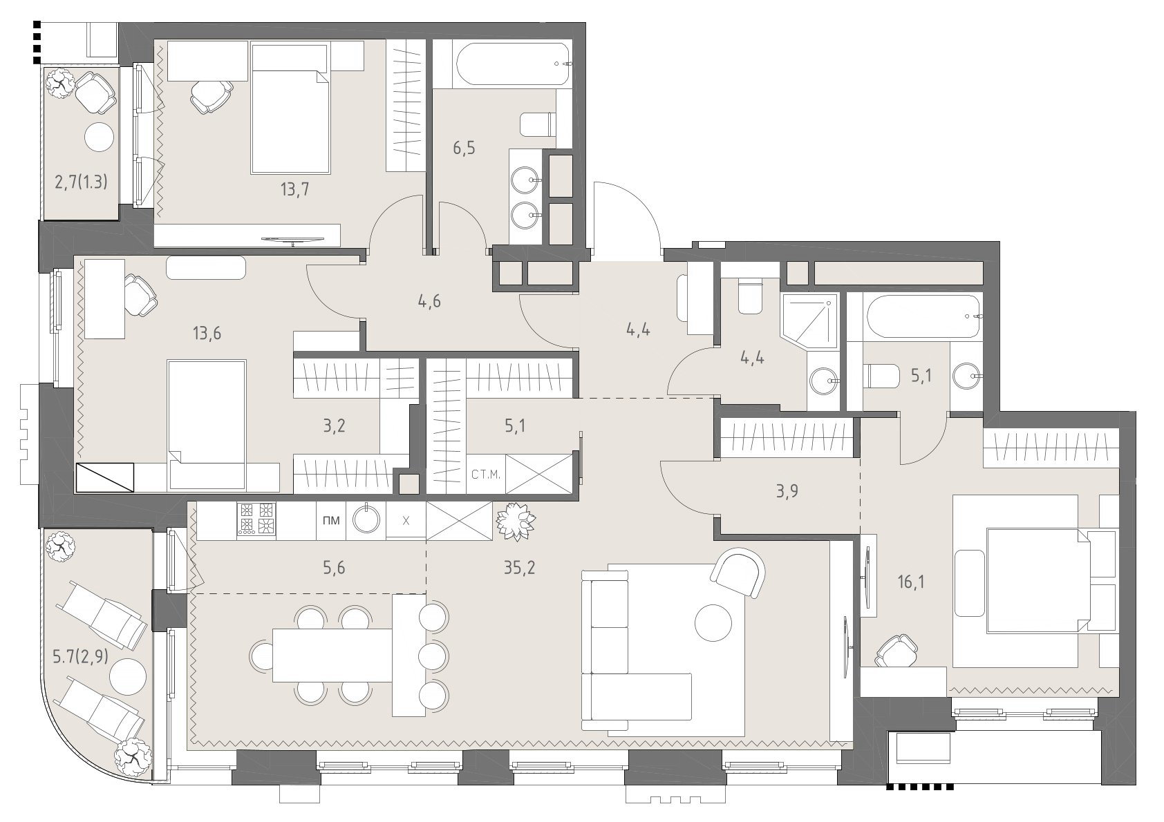 Планировка: 4-комнатная, 125,6 м²