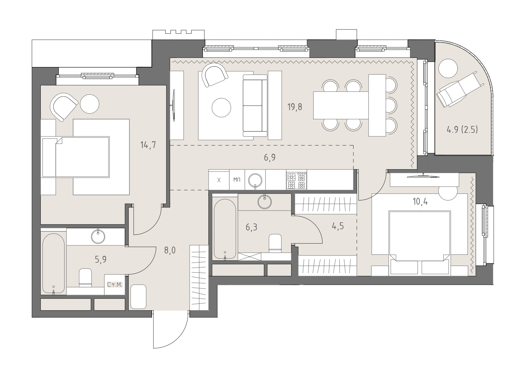 Планировка: 3-комнатная, 79 м²