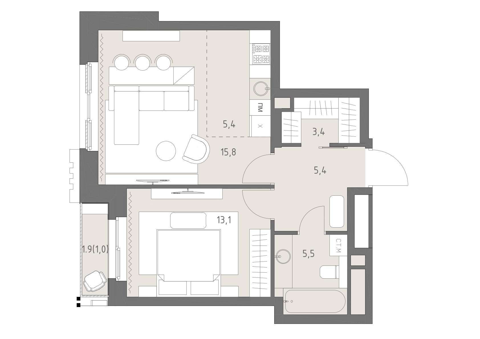 Планировка: 2-комнатная, 49,6 м²