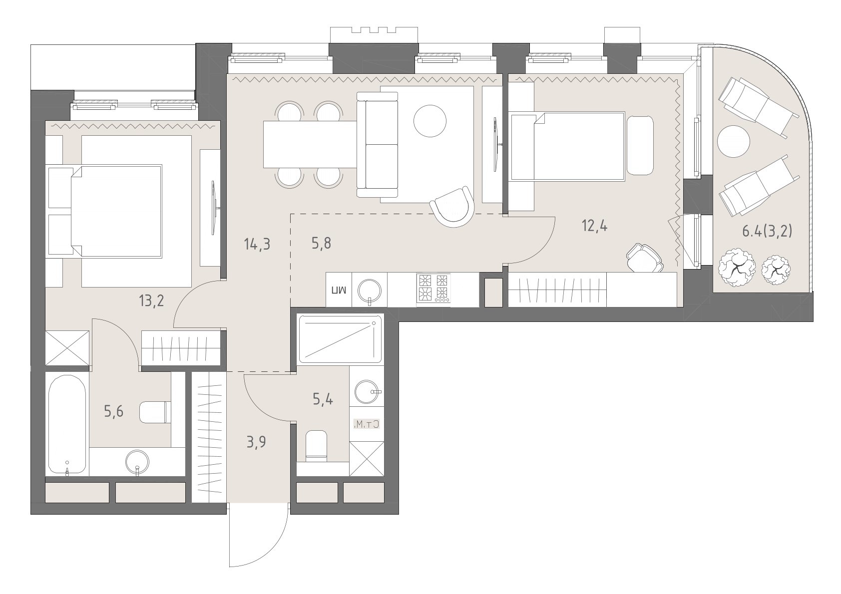 Планировка: 3-комнатная, 64,6 м²