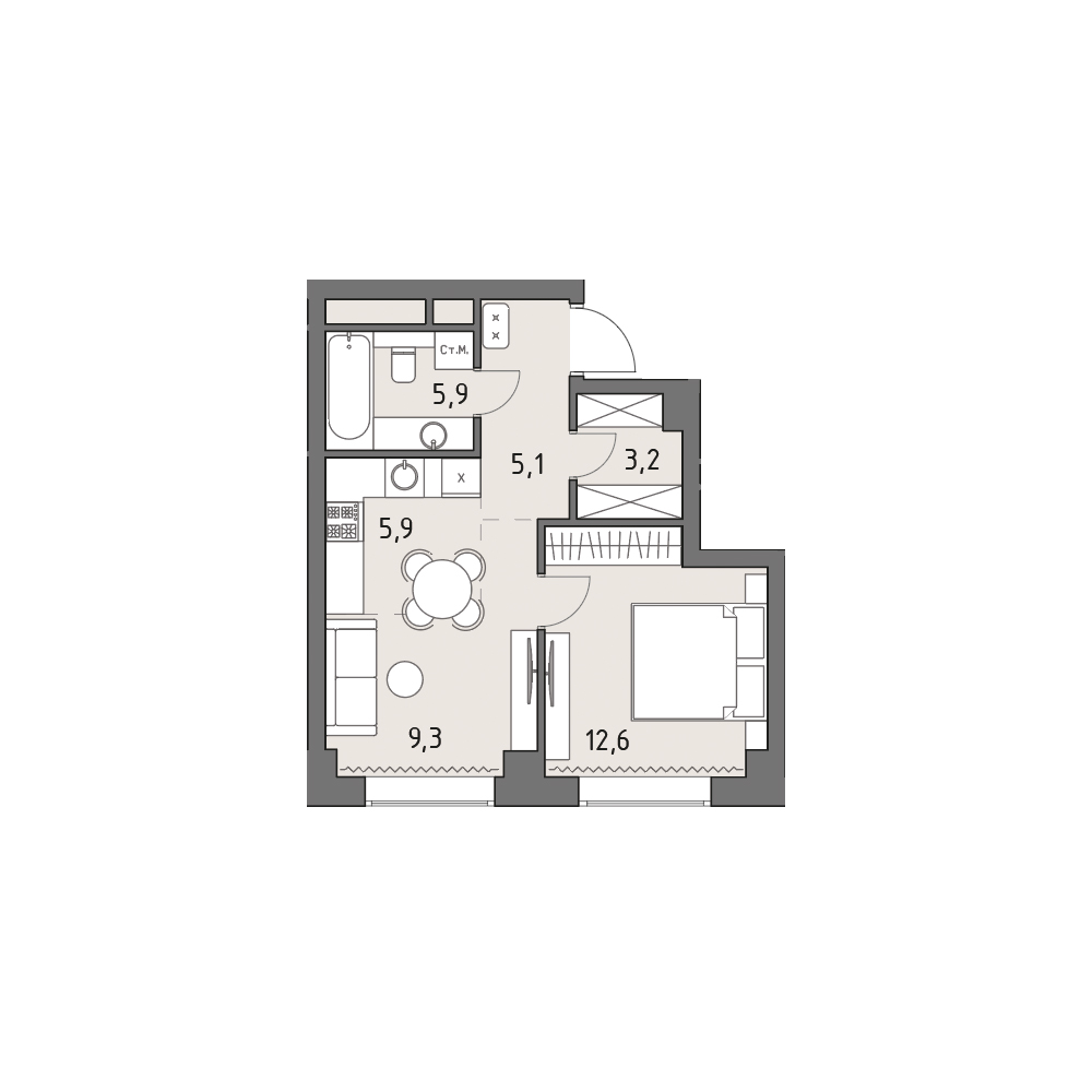 Планировка: 1-комнатная, 42 м²