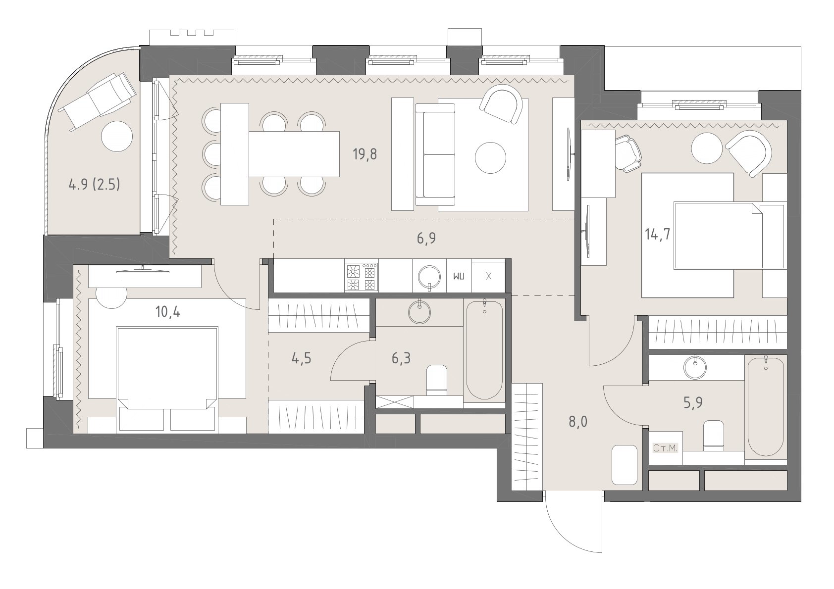 Планировка: 3-комнатная, 79 м²