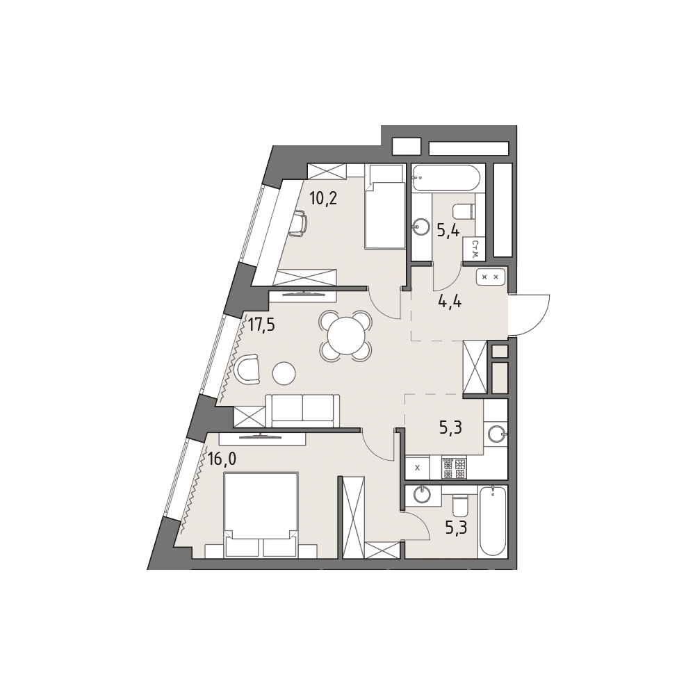 Планировка: 3-комнатная, 64,2 м²