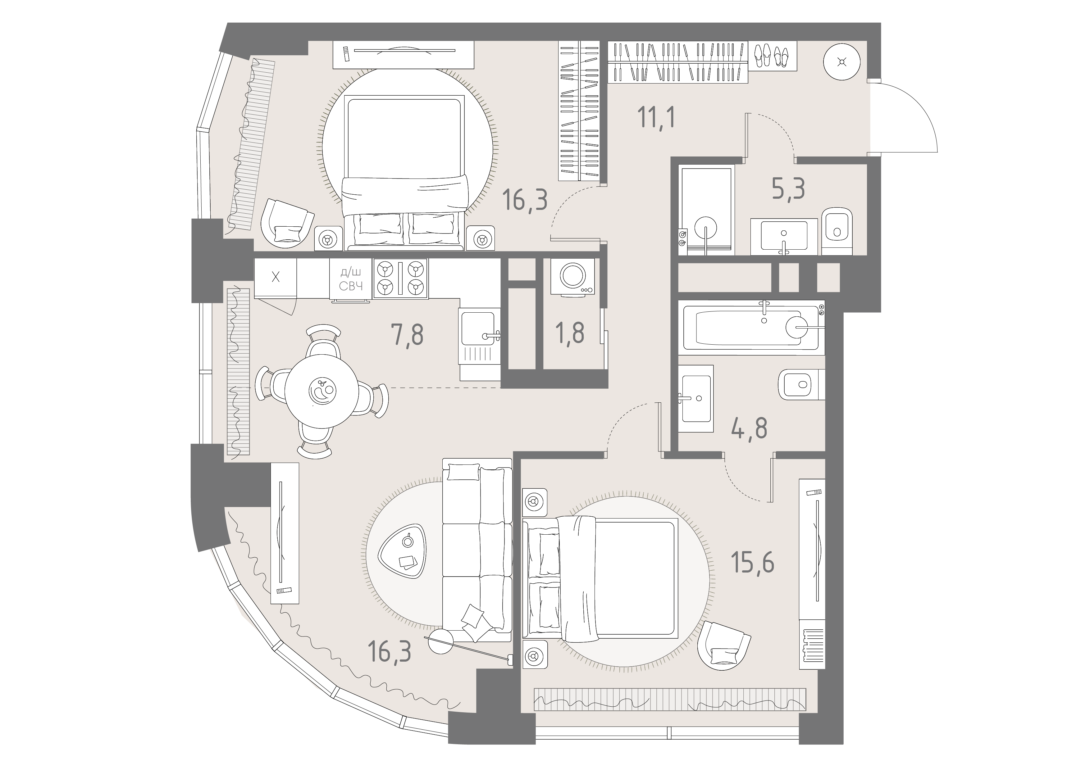 Планировка: 3-комнатная, 79 м²