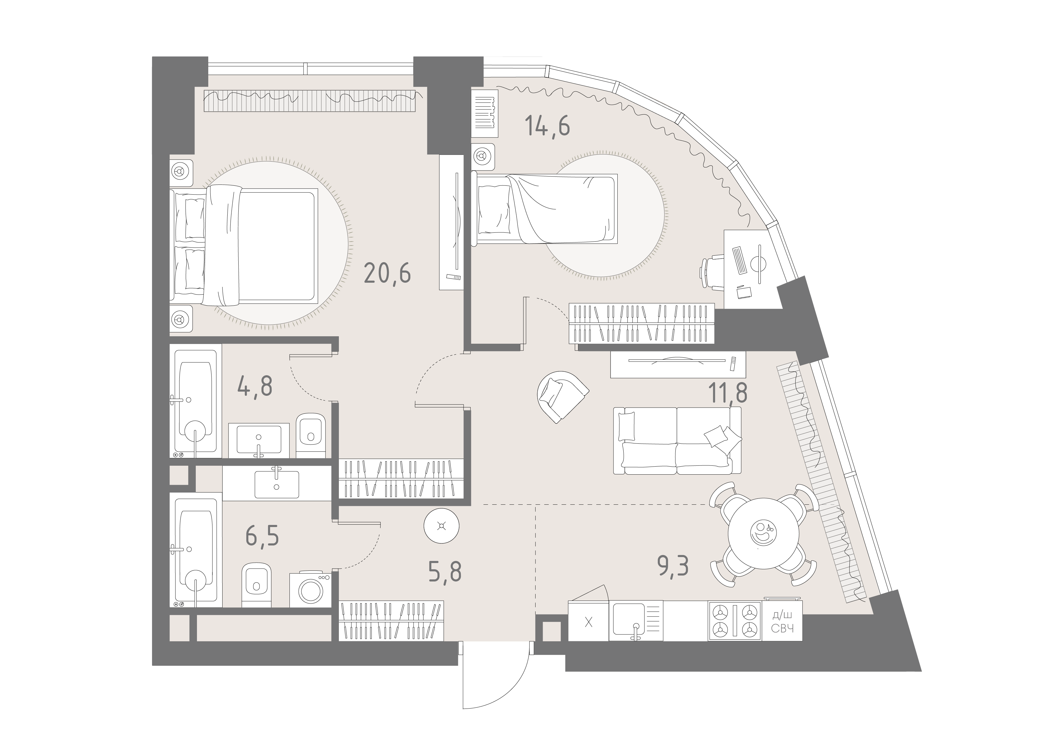 Планировка: 3-комнатная, 73,4 м²
