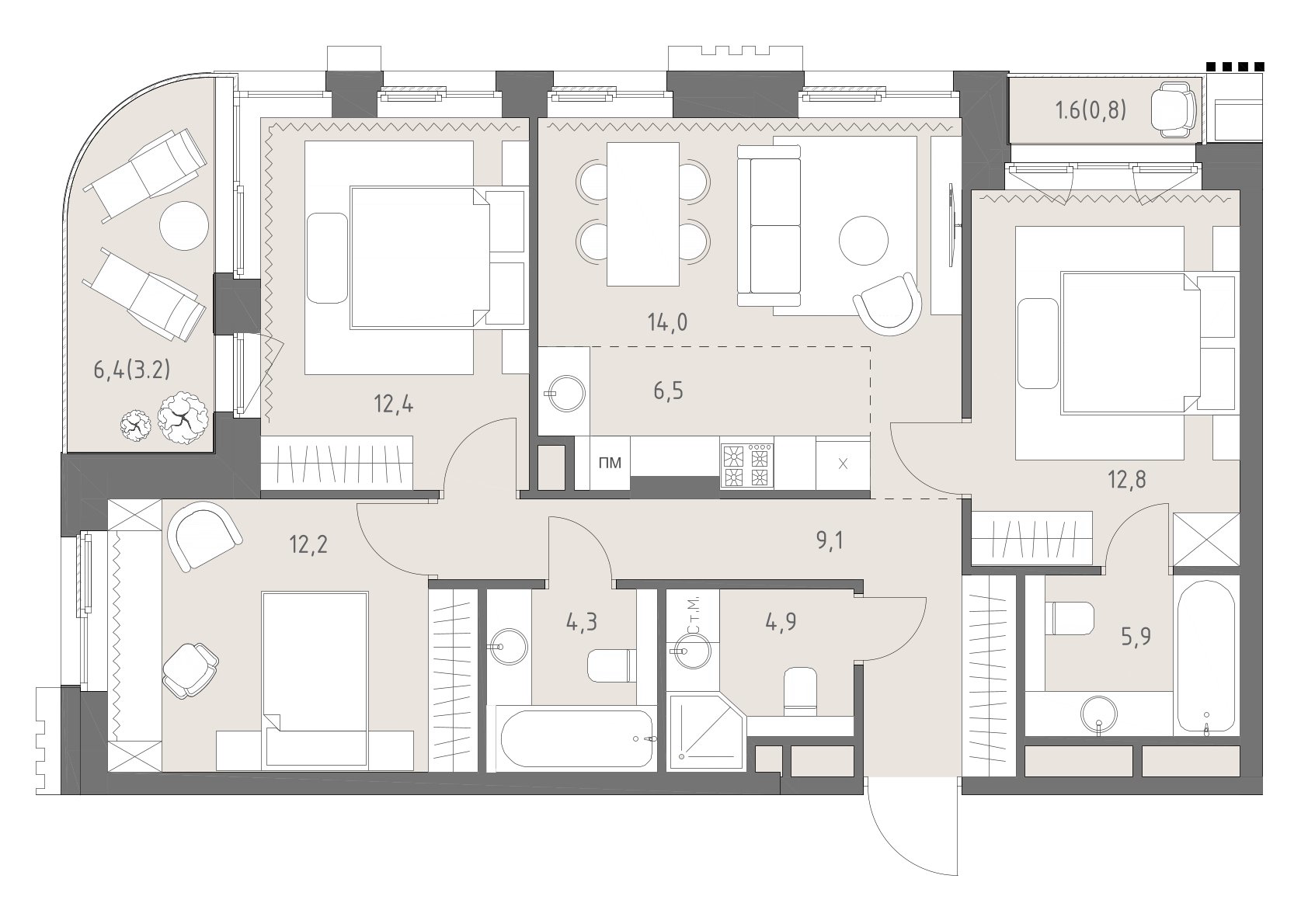Планировка: 4-комнатная, 86,1 м²