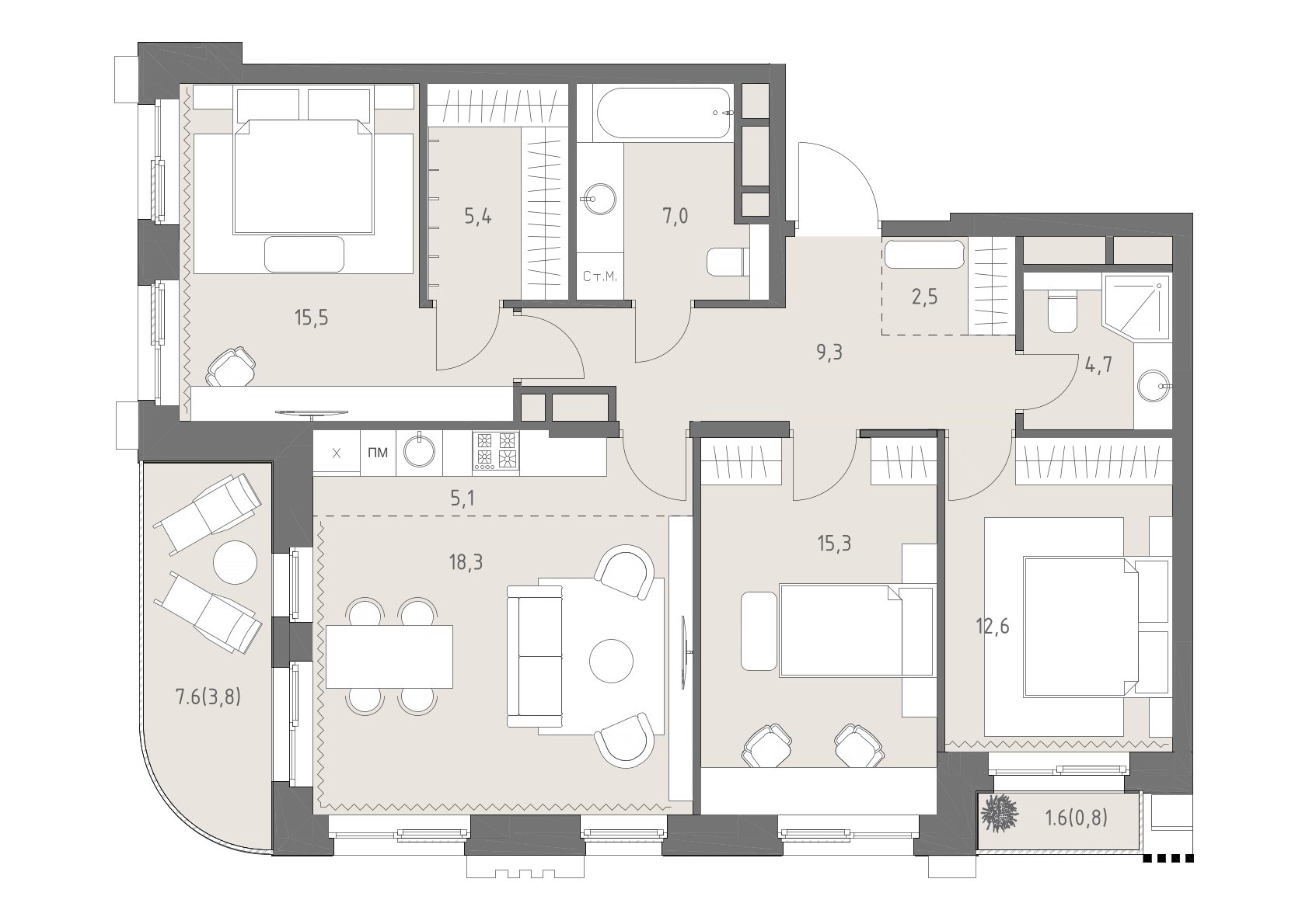Планировка: 4-комнатная, 100,3 м²