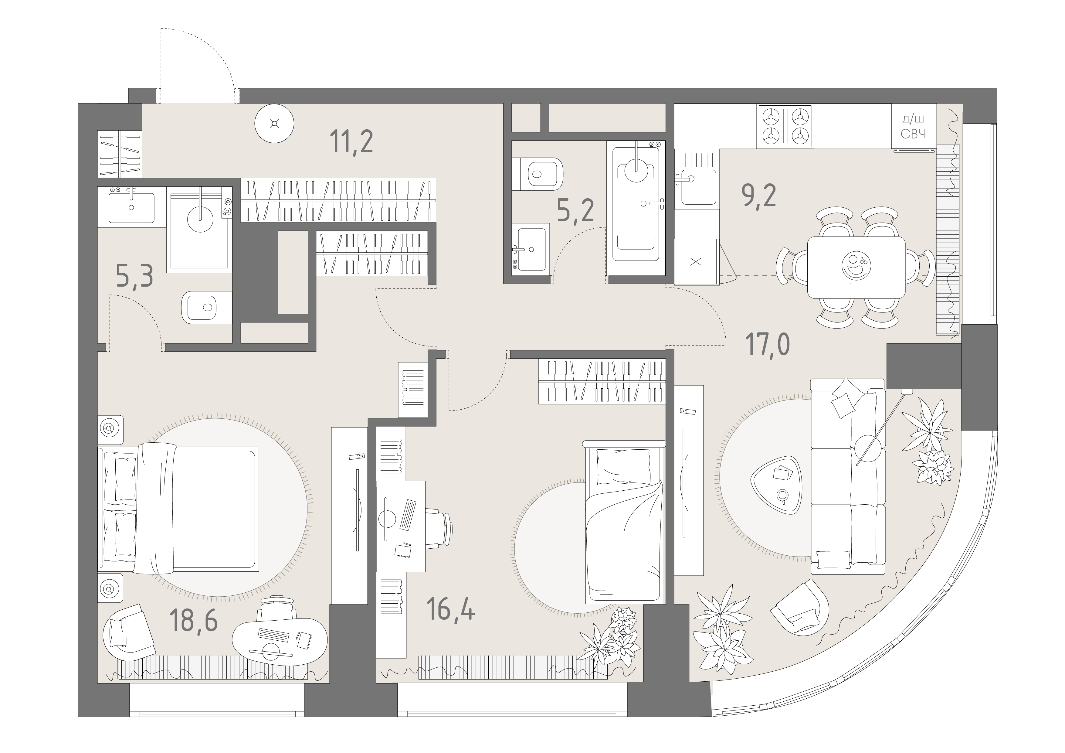 Планировка: 3-комнатная, 82,9 м²