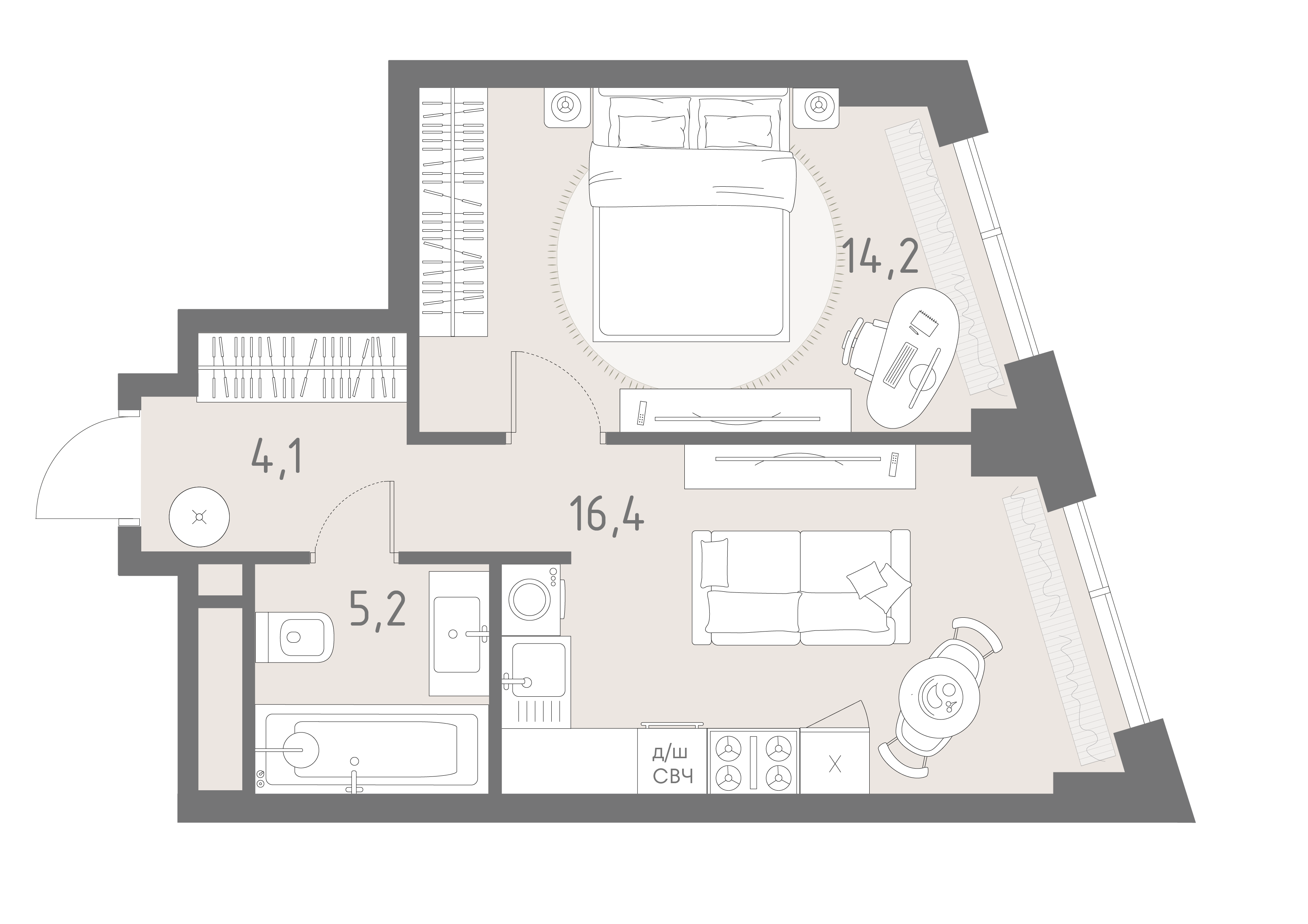 Планировка: 1-комнатная, 39,9 м²