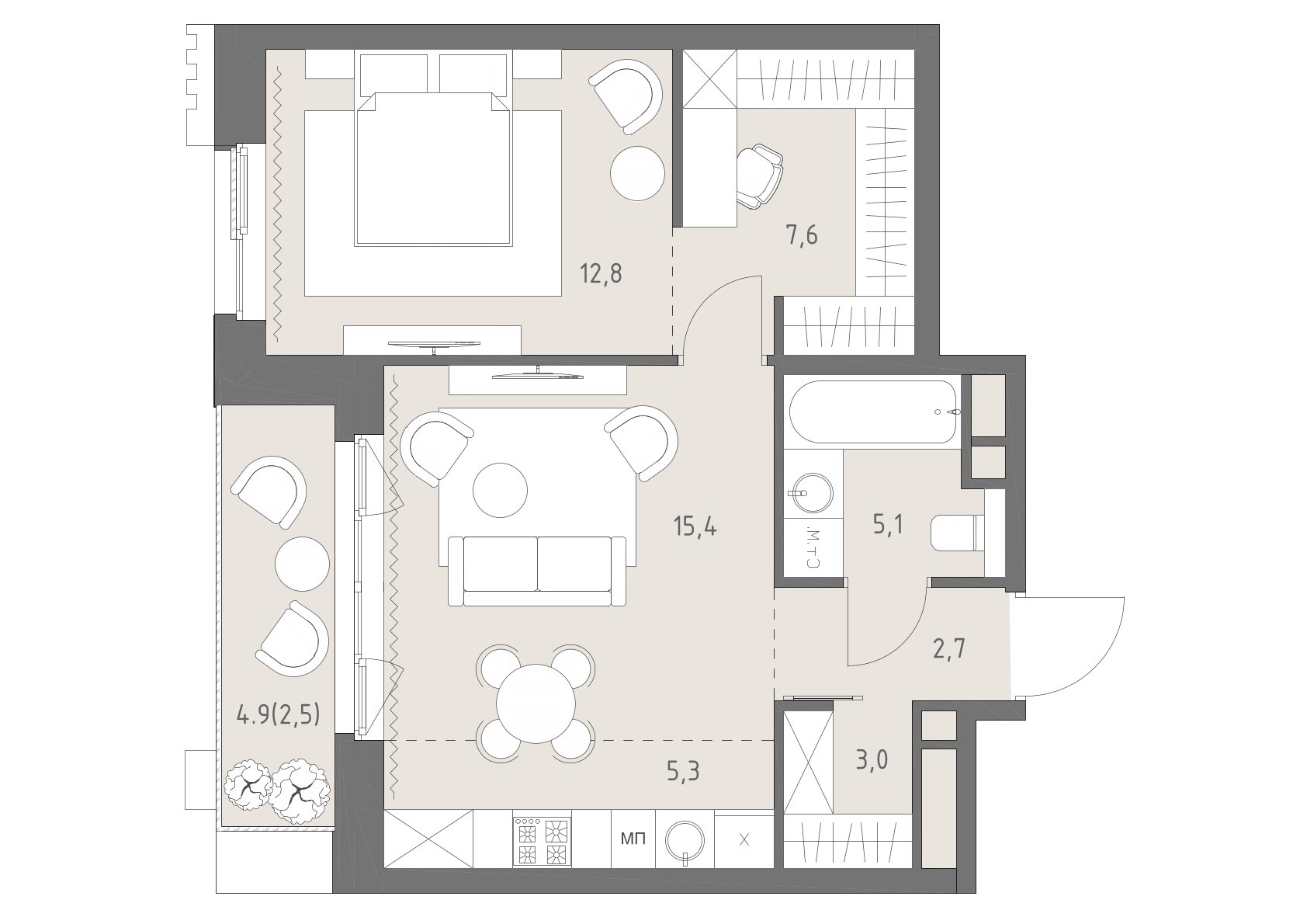 Планировка: 2-комнатная, 54,4 м²