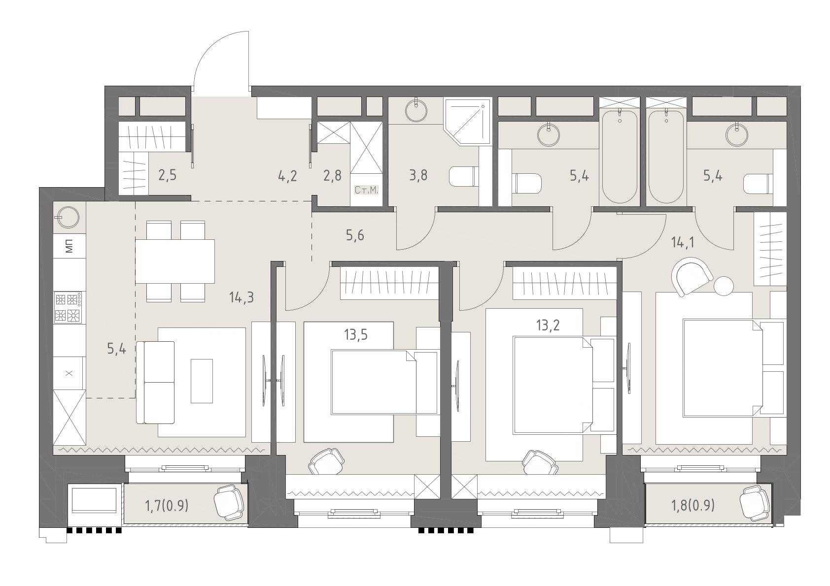 Планировка: 4-комнатная, 92 м²