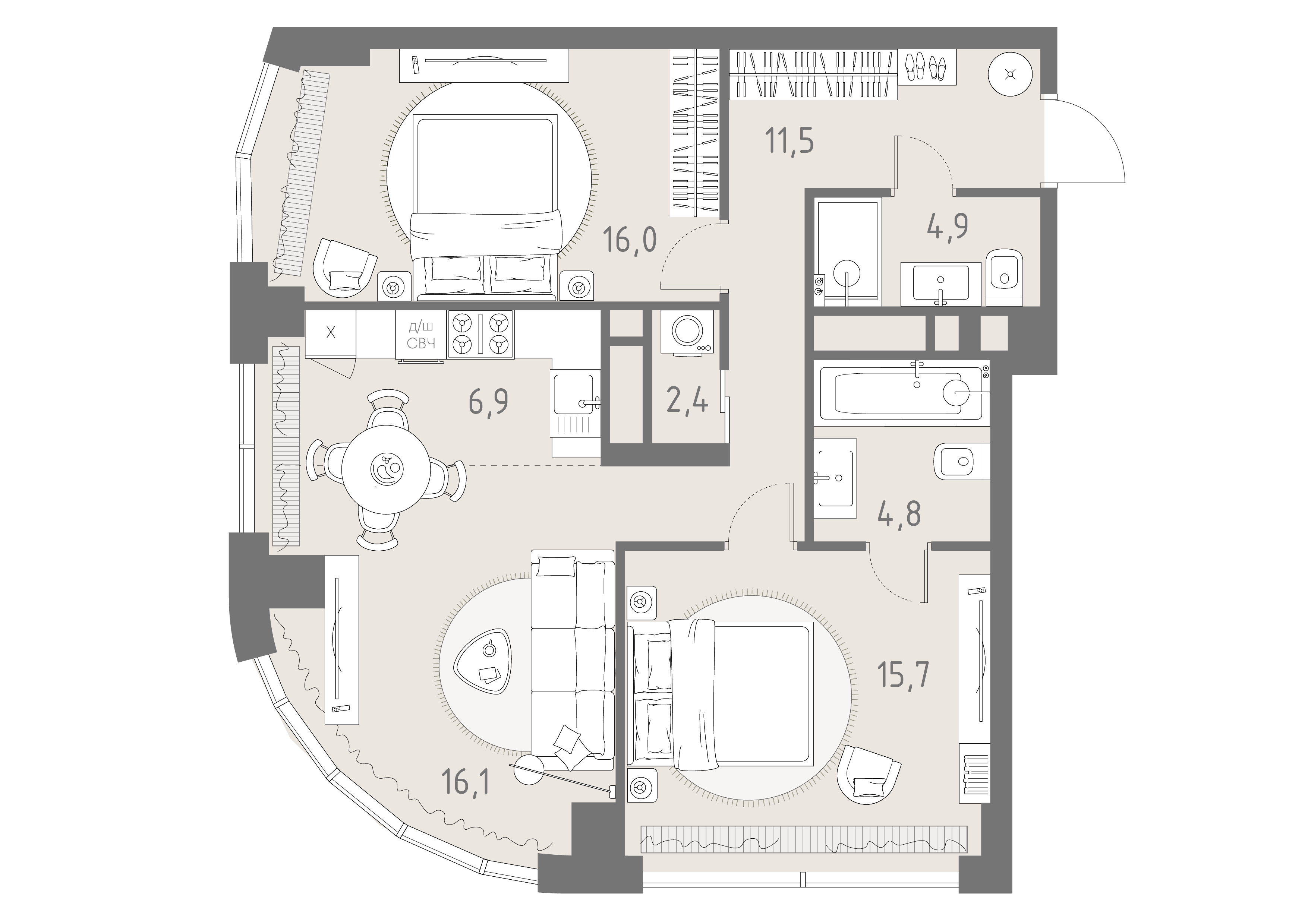 Планировка: 3-комнатная, 78,3 м²