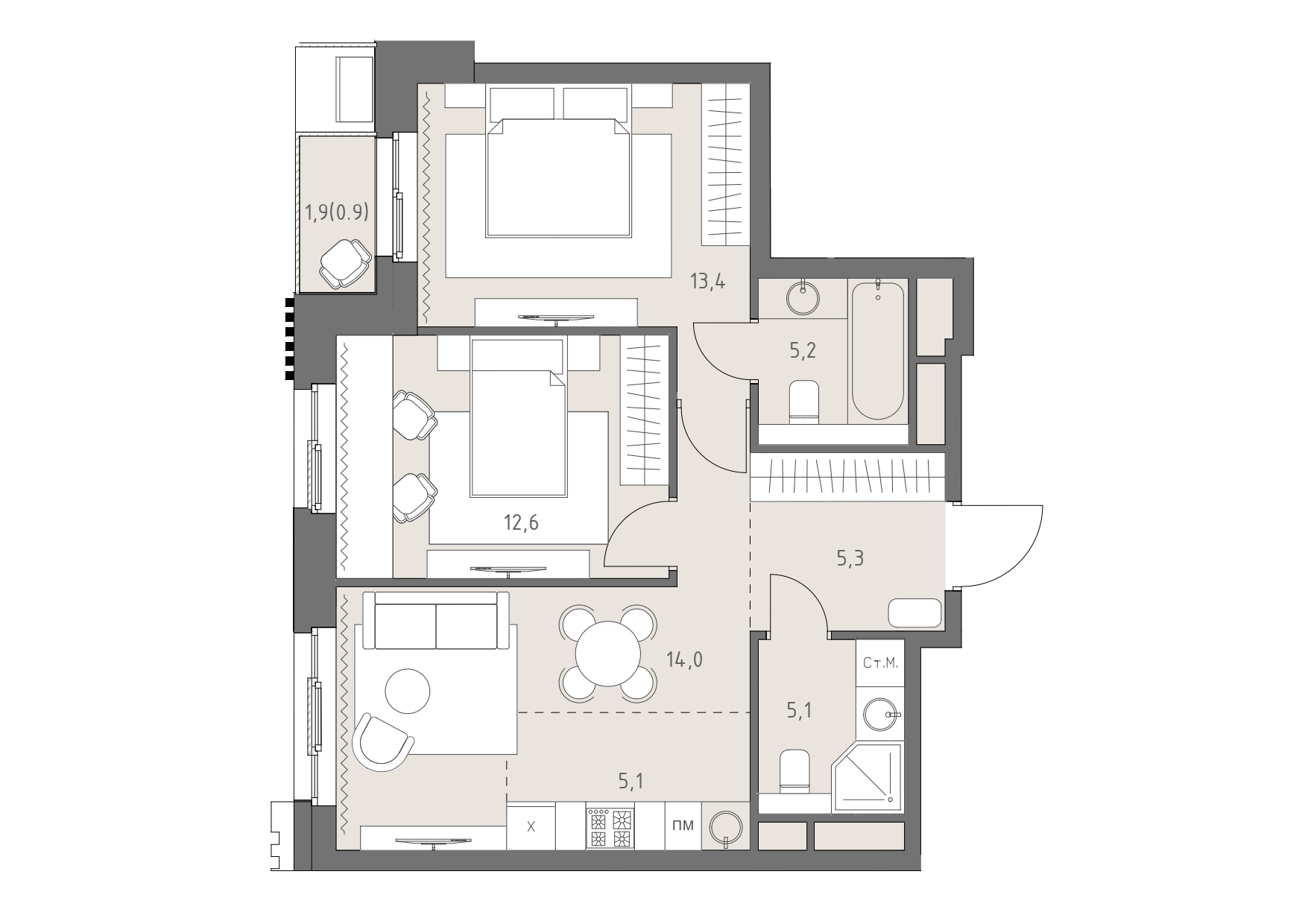 Планировка: 3-комнатная, 61,6 м²
