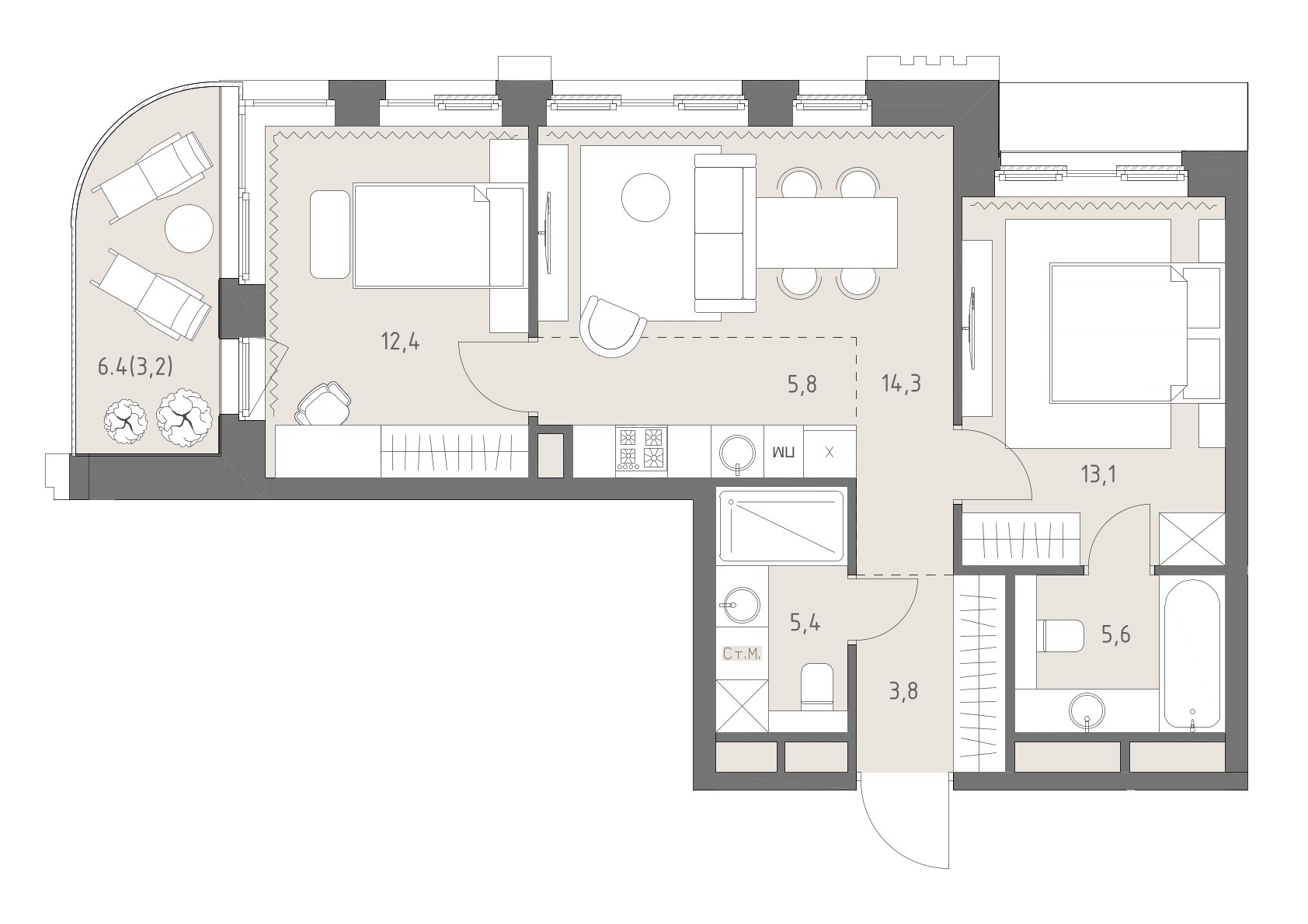 Планировка: 3-комнатная, 63,6 м²