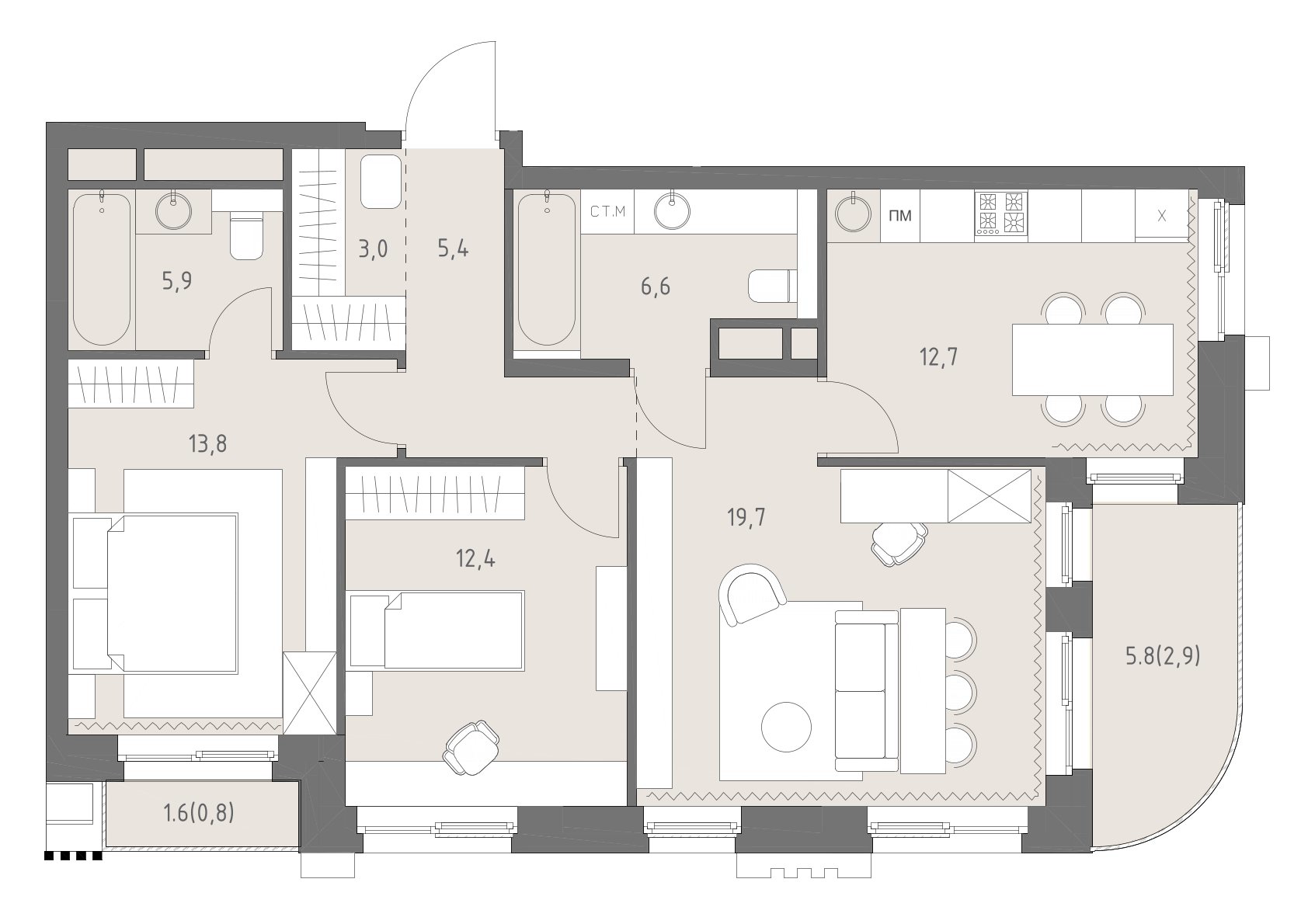 Планировка: 3-комнатная, 83,2 м²